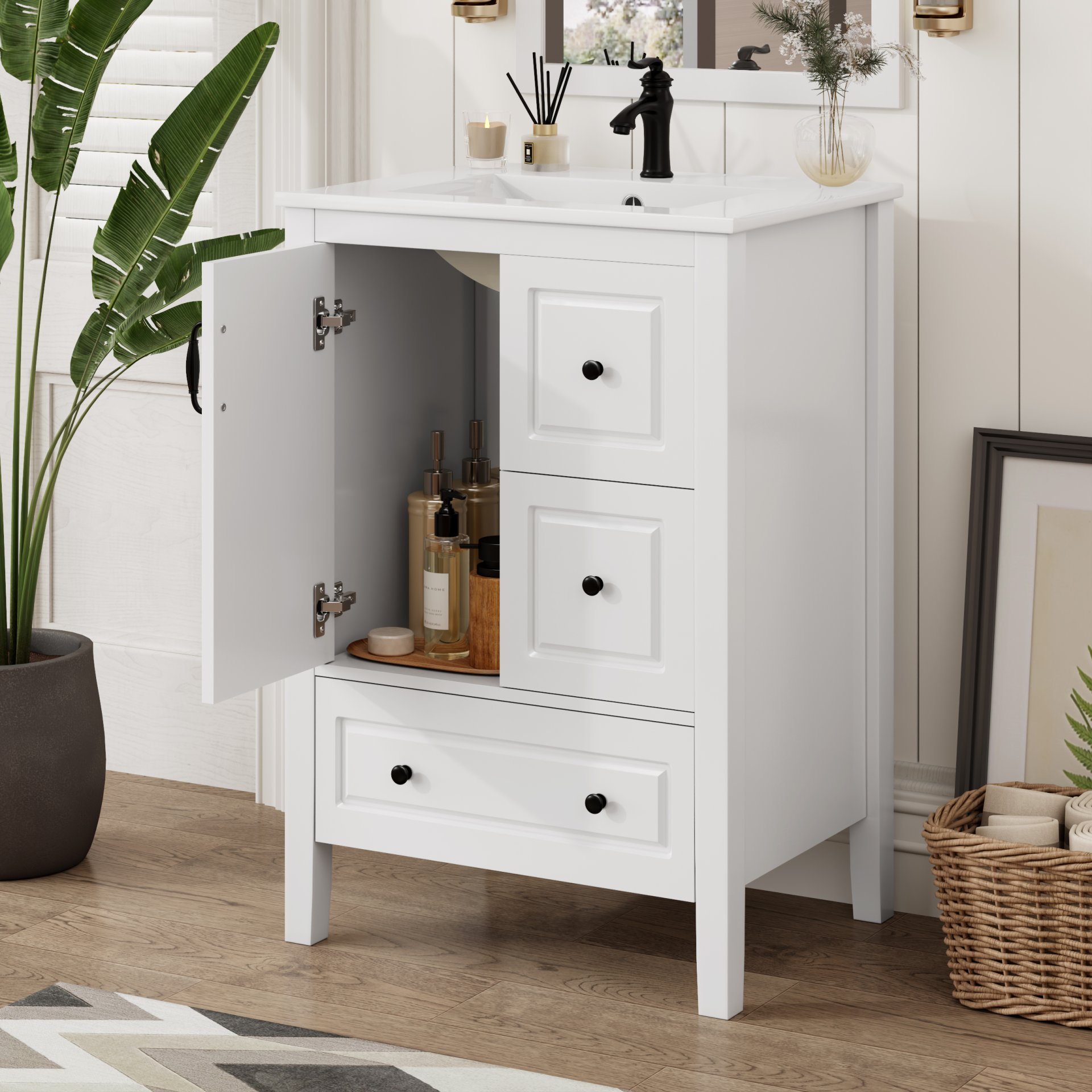 Retro Bathroom Vanity With Sink, Soft Closing Cabinet & Drawers - White - Image 5