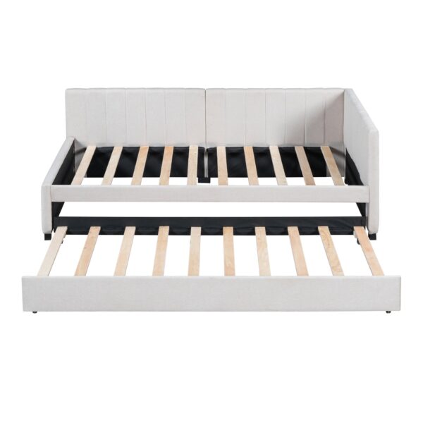 Twin Size Sofa Bed Upholstered Daybed With Trundle Frame No Box Spring Needed, Linen - Beige