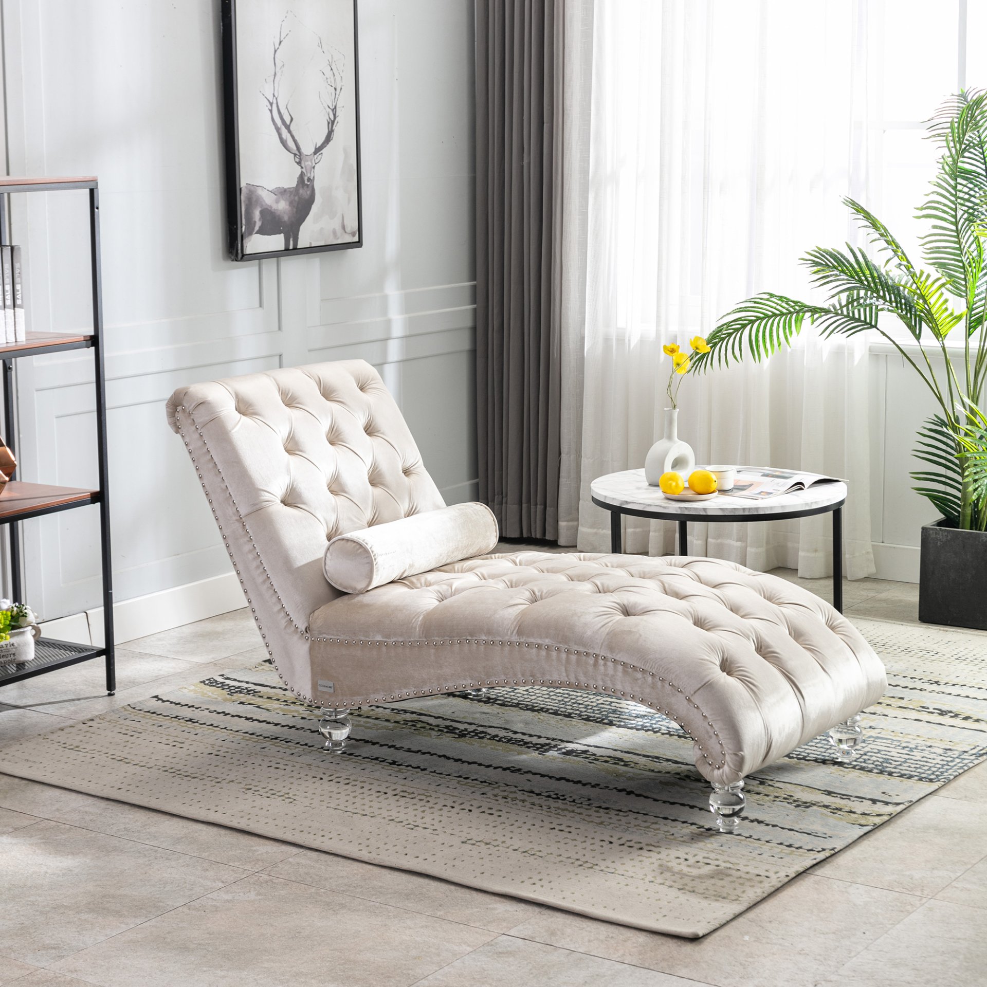 Velvet Chaise Lounge Indoor, Button Tufted Upholstered Chair With Pillow - Beige - Image 8