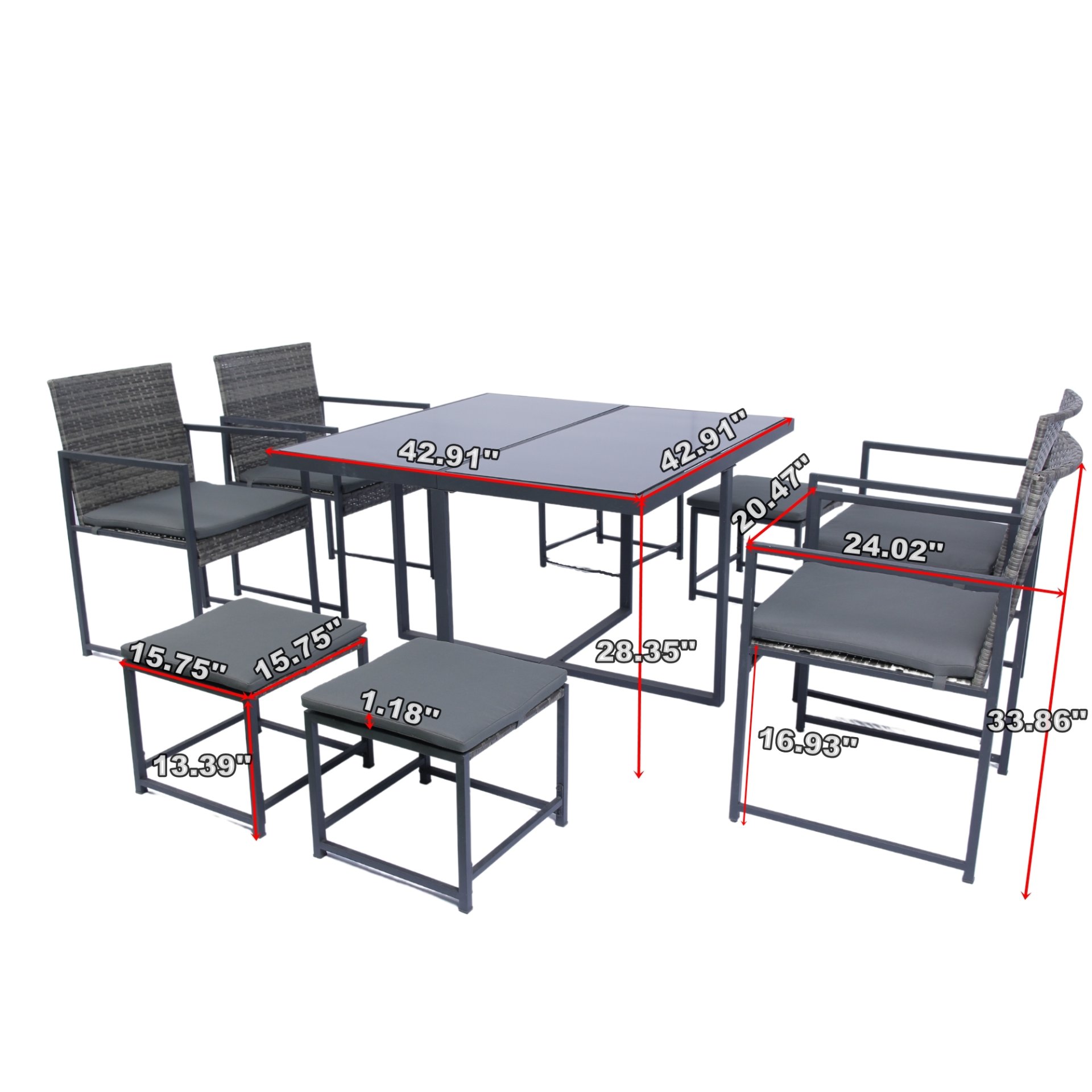 9 Pieces Patio Dining Sets Outdoor Space Saving Rattan Chairs With Glass Table Top Wicker And Cushion - Dark Gray - Image 3