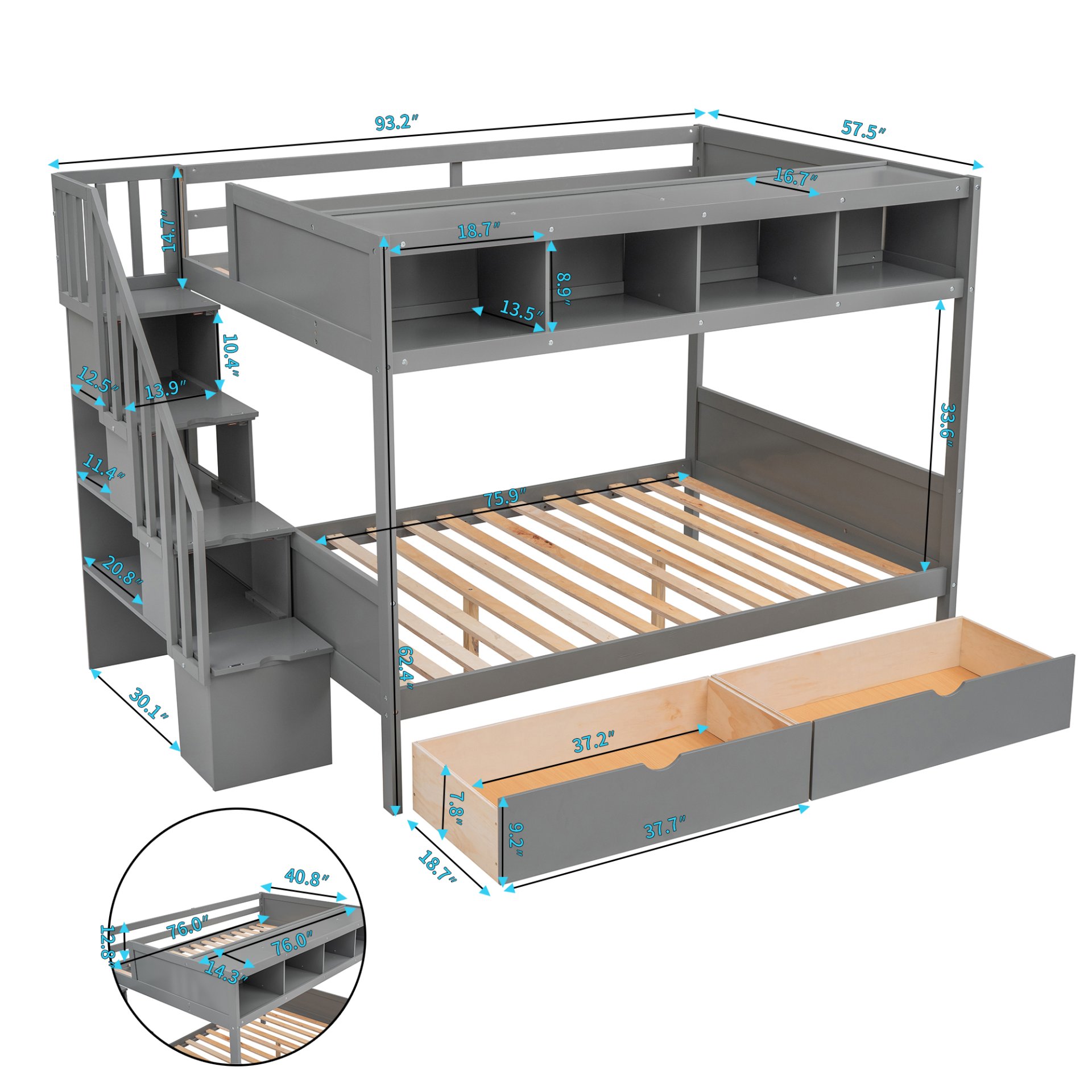 Twin Over Full Bunk Bed With Shelfs, Storage Staircase And 2 Drawers - Gray - Image 10