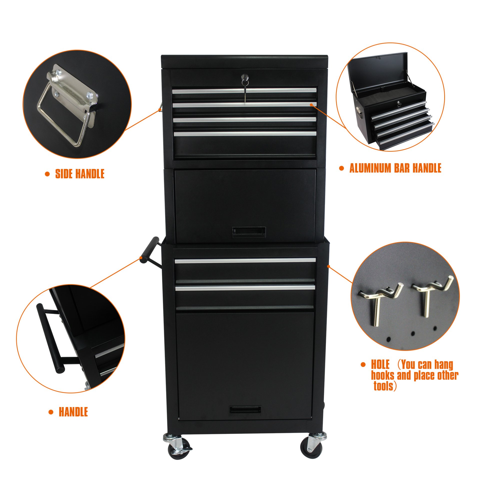 6 Drawer Lockable Tool Cabinet On Wheels Steel Rolling Tool Chest With Detachable Toolbox, 2 In 1 Garage Workshop Storage Organizer With 4 Universal Casters - Black - Image 9