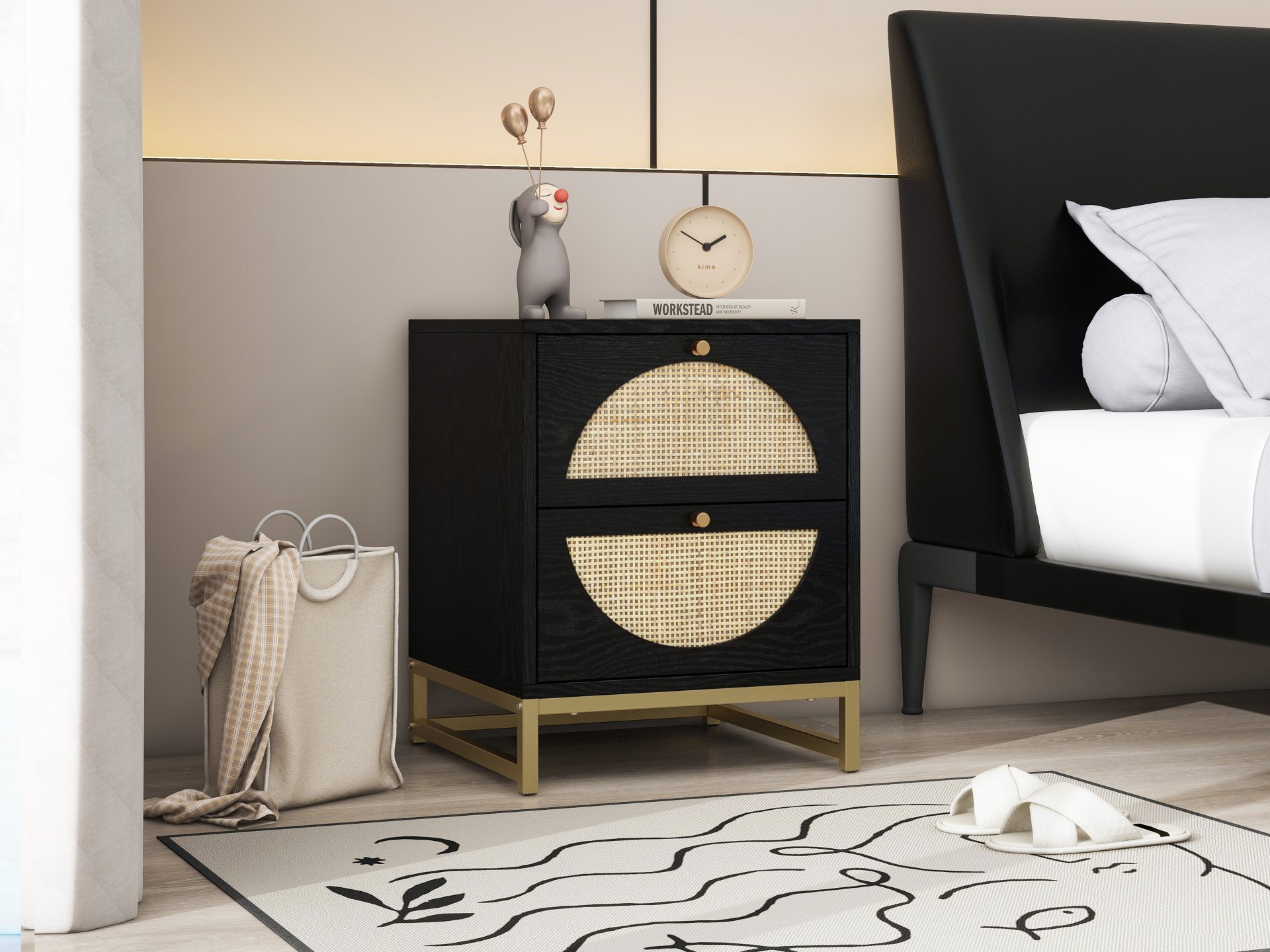 Allen - 2 Drawer Side Table, Display Rack For Bedroom And Living Room, Nightstand Side Table Bedroom Storage Drawer Bedside End Table - Black / Beige - Image 6