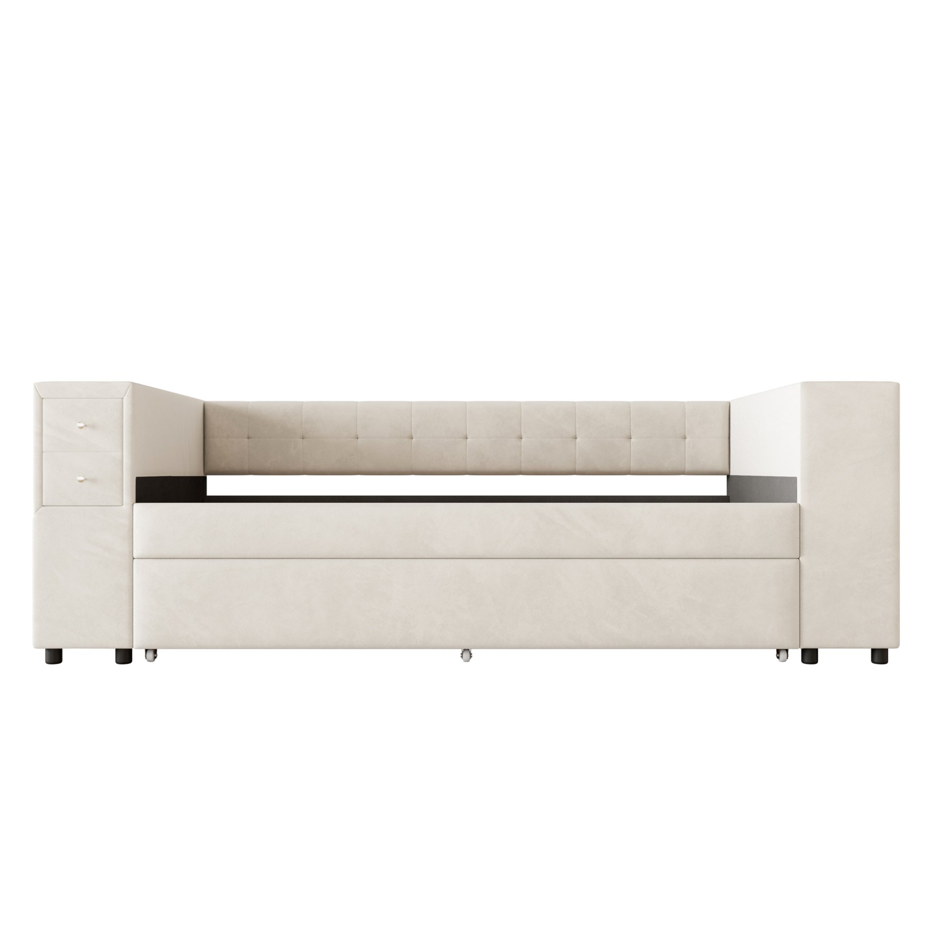 Twin Upholstered Bed With Storage And Twin Trundle, USB Charging Ports - Beige - Image 6