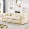 Velvet Button Tufted Sofa Couch With 2 Pillows 3 Seater Luxury Chesterfield Sofa Set With Stainless Steel Accents For Living Room - Beige - Image 3