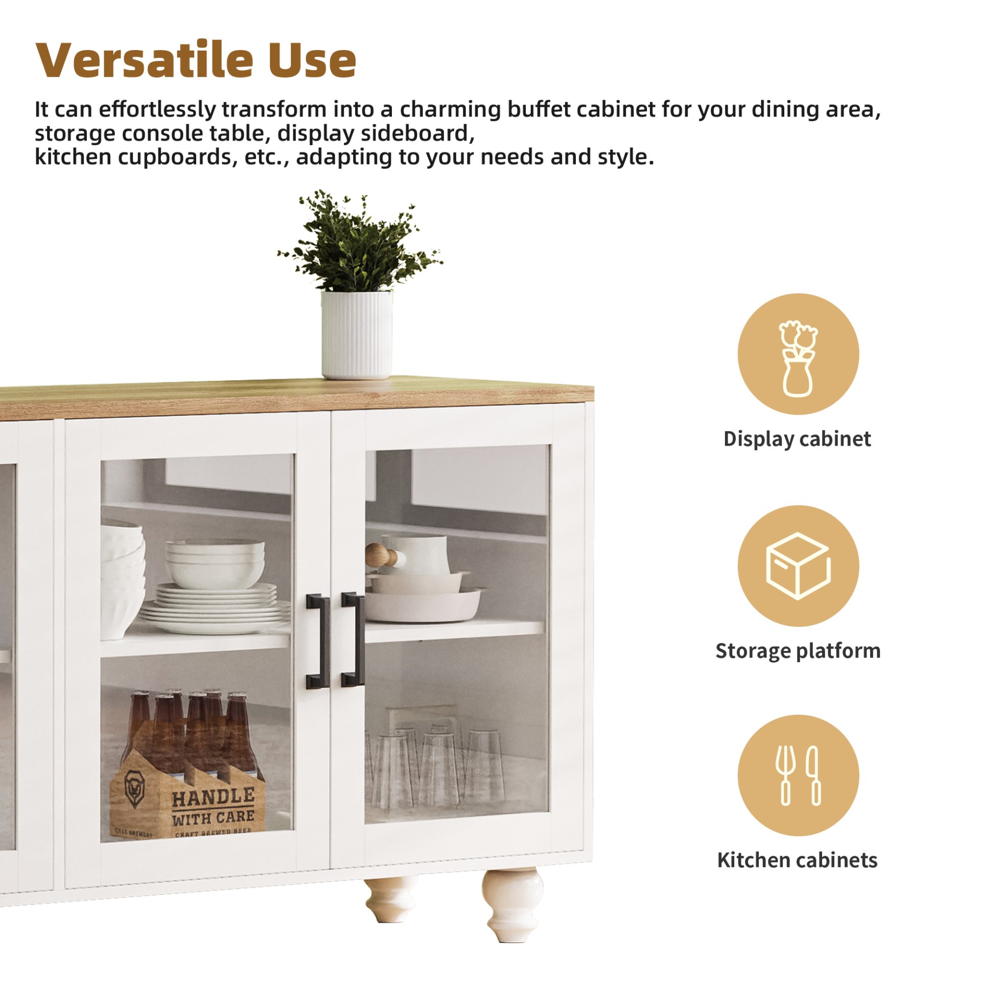 Farmhouse TV Stand With Solid Wood Gourd Shaped Legs For TVs Up To 70", Entertainment Center With Bookshelves & Tempered Glass Doors, Media Console With Adjustable Shelves, Living Room - White / Natural - Image 6