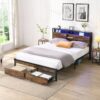 King Size Metal Platform Bed Frame With Wooden Headboard USB Charging Station 2 Drawers LED Lights - Black Brown - Image 16