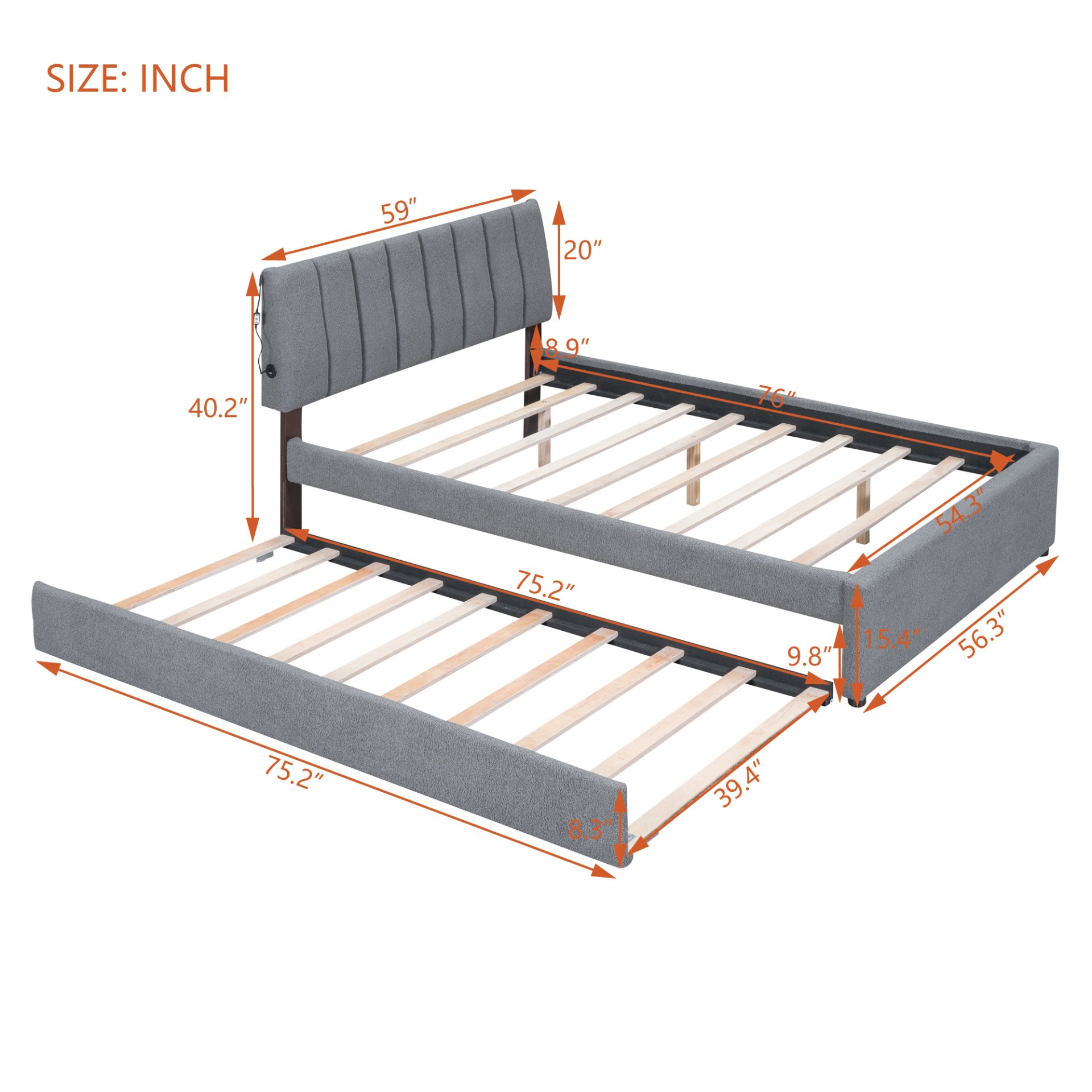 Full Size Upholstered Platform Bed With Twin Size Trundle - Gray - Image 9