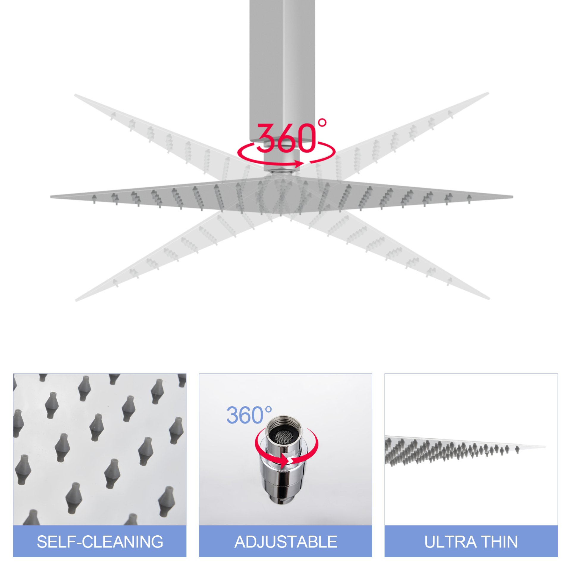 Elegant 8" Square Rainfall Shower Head, Wall / Ceiling Mounted, Stainless Steel - Chrome - Image 8
