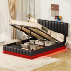 Full Size Upholstered Bed With Hydraulic Storage System And LED Light, With Sockets And USB Ports - Black