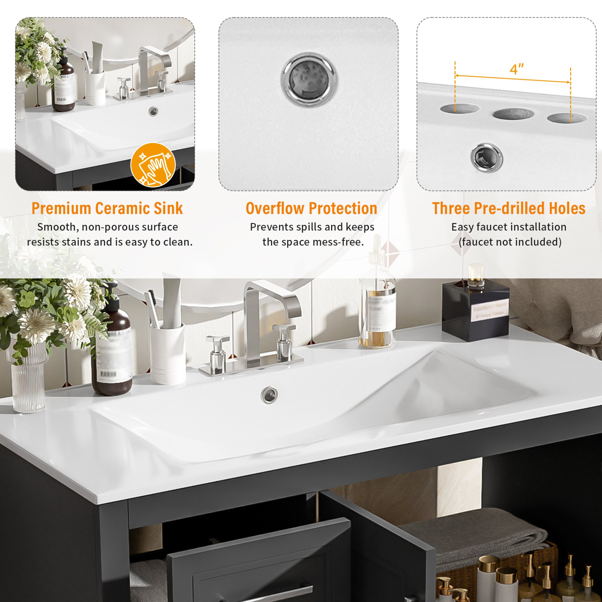 36" Bathroom Vanity With Sink, Soft Close Doors, Adjustable Shelf & 3 Drawers - Black - Image 8