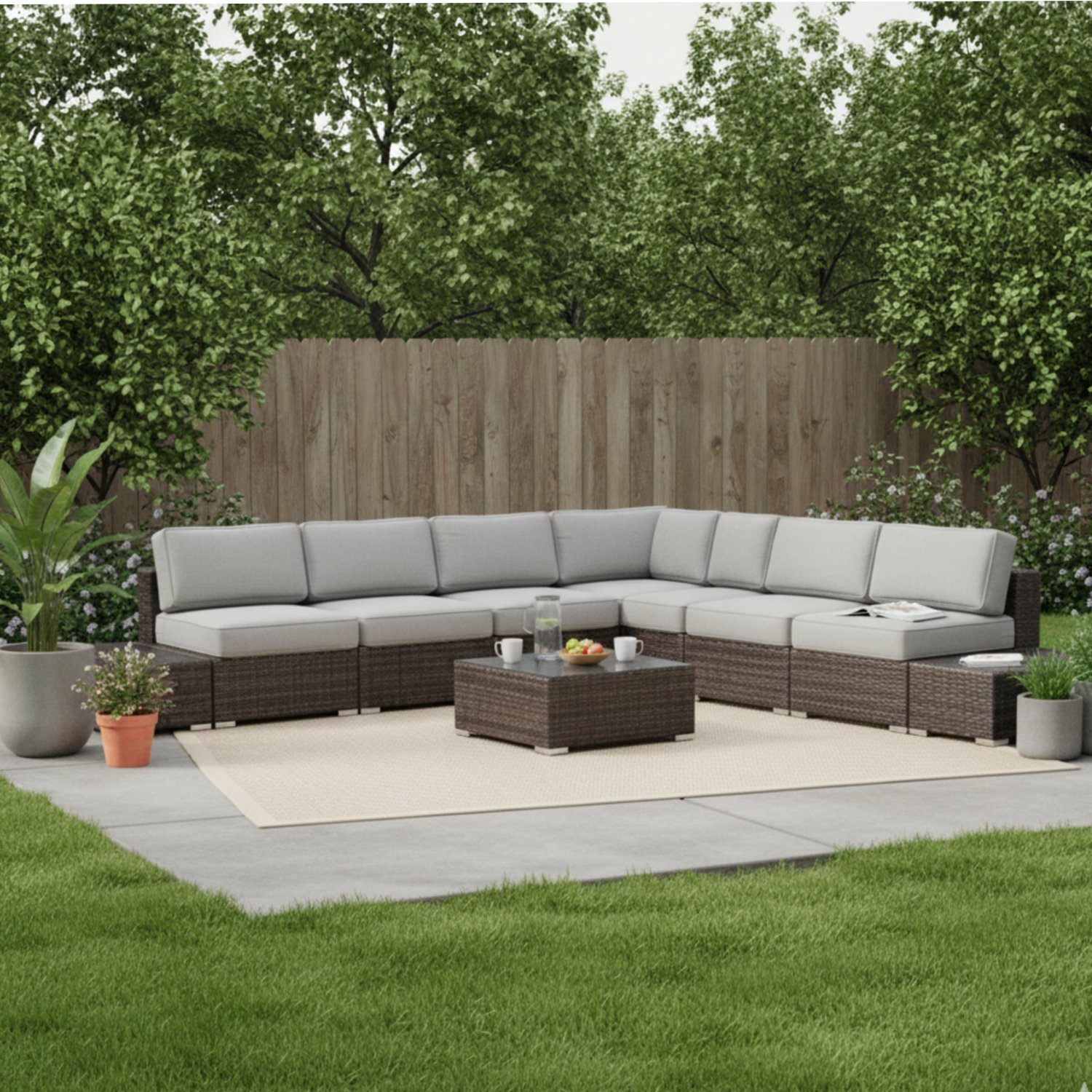 Wicker 6 Person Sectional Seating Group With Plush Cushions - Brown - Image 2