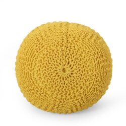 Bordeaux - Knitted Cotton Round Pouf, Versatile Ottoman Or Floor Cushion - Yellow