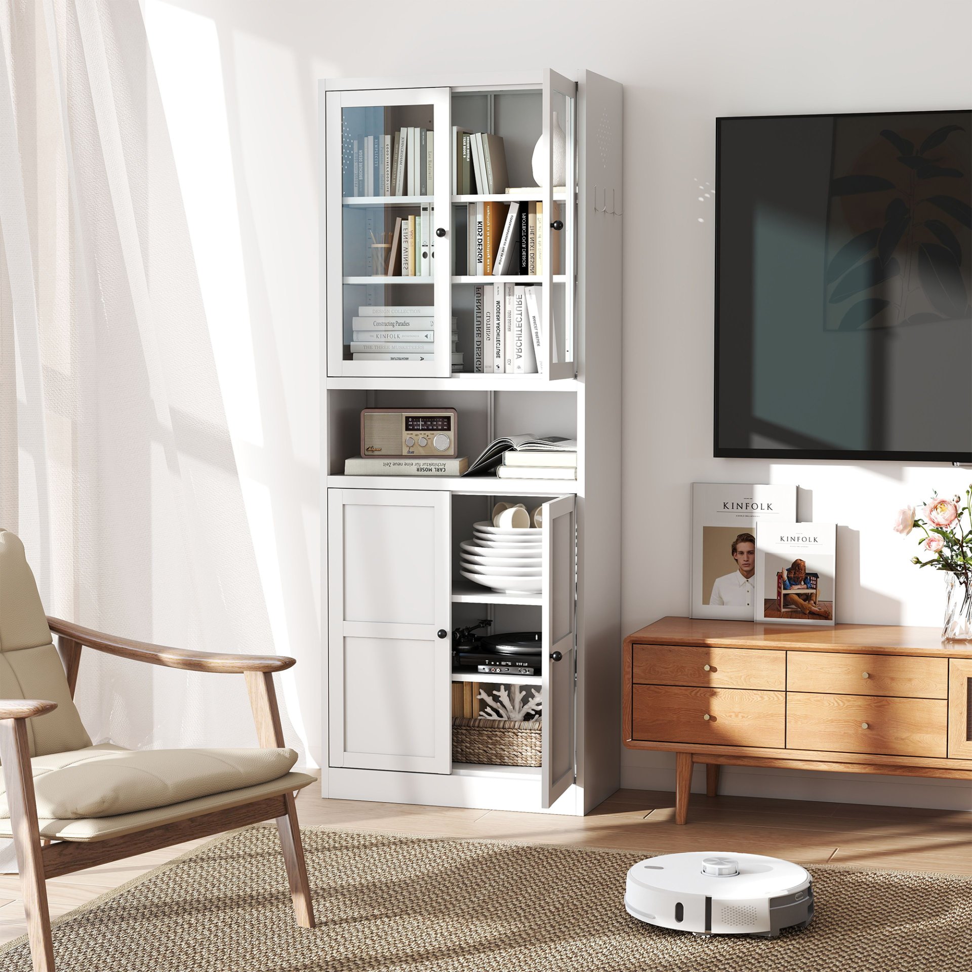 Metal Kitchen Pantry Cabinet Tall Storage With Adjustable Shelves, Heavy Duty Stainless Steel Frame - White - Image 4