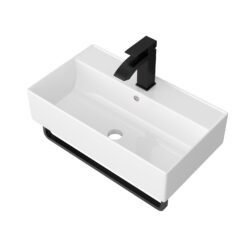 Wall Mounted Rectangular Bathroom Sink With Towel Bar & Overflowfaucet - White / Black