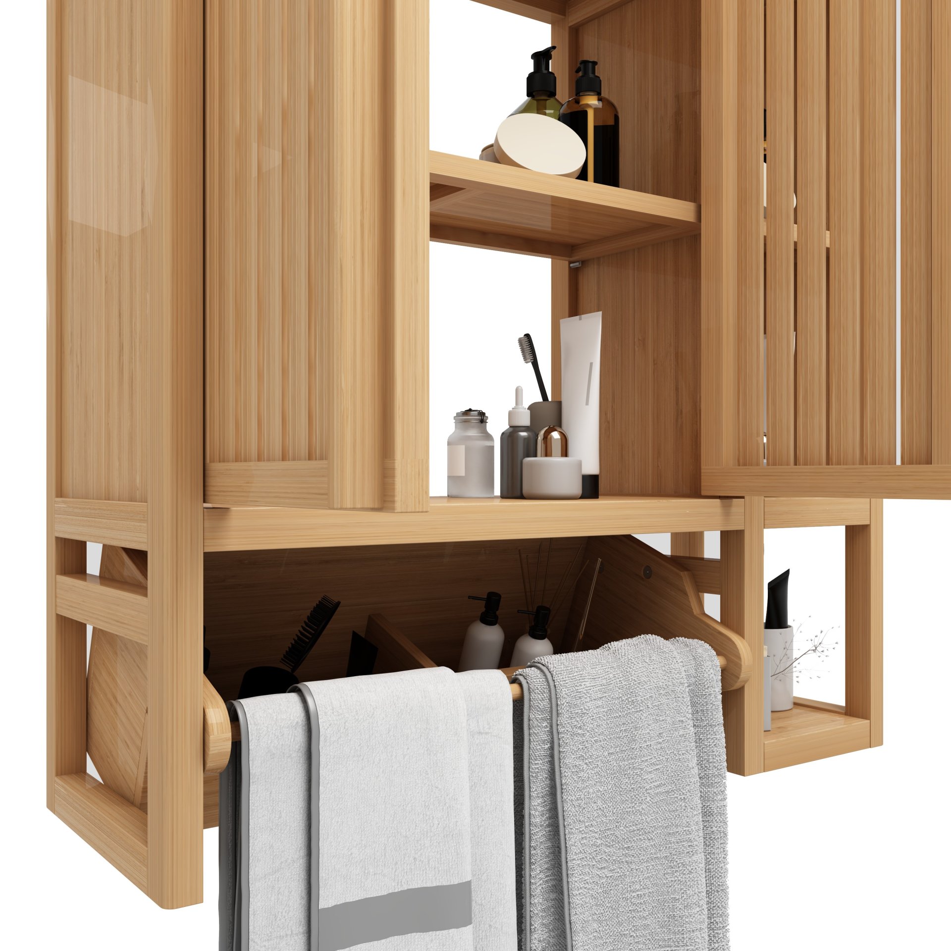 Elegant Bamboo Wall Mounted Bathroom Cabinet With Storage For Toiletries And Towels - Neutral - Image 12
