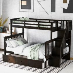 Twin Over Full Stairway Bunk Bed With Drawer, Storage And Guard Rail For Bedroom - Espresso
