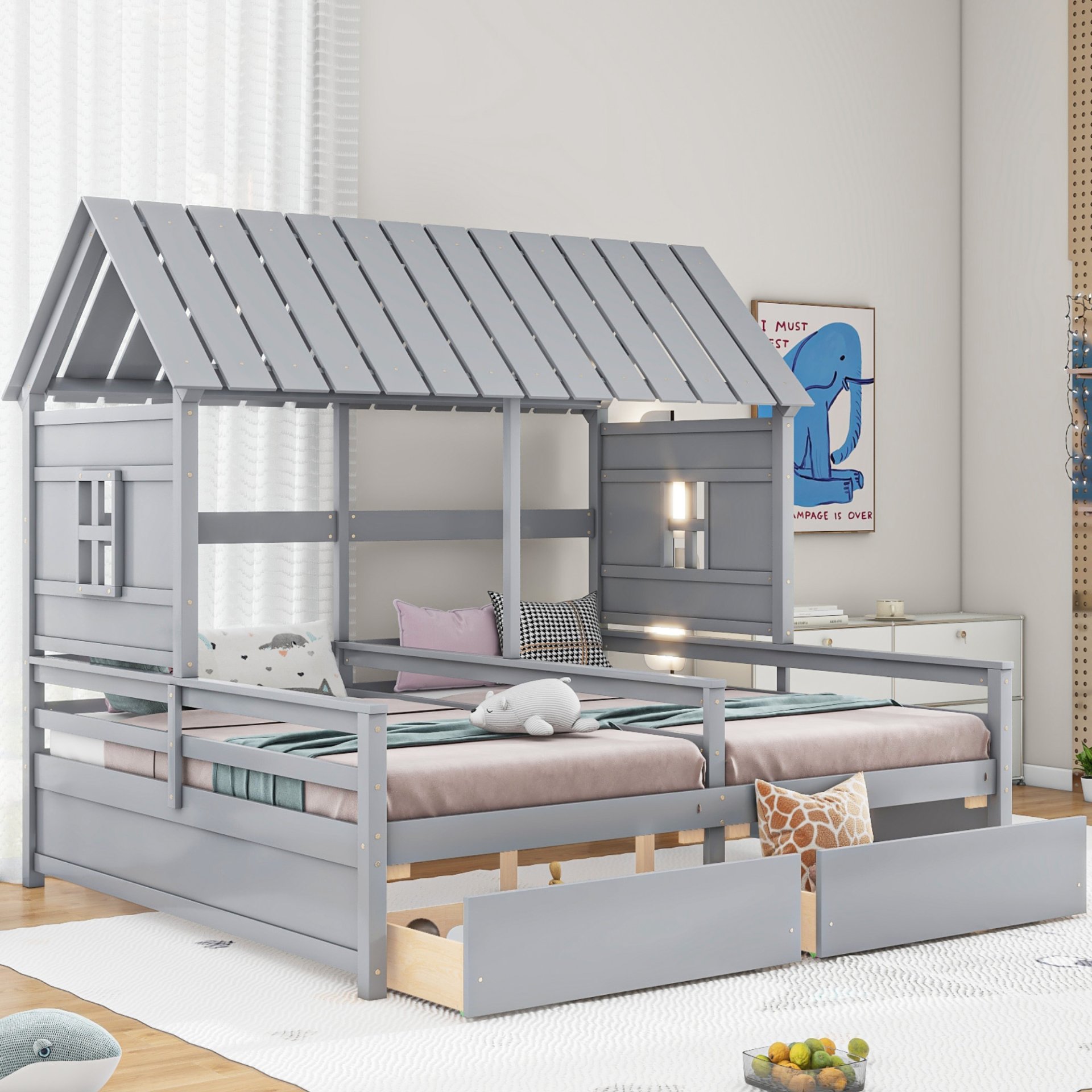 Twin Size House Platform Beds With 2 Drawers For Shared Use - Gray - Image 2