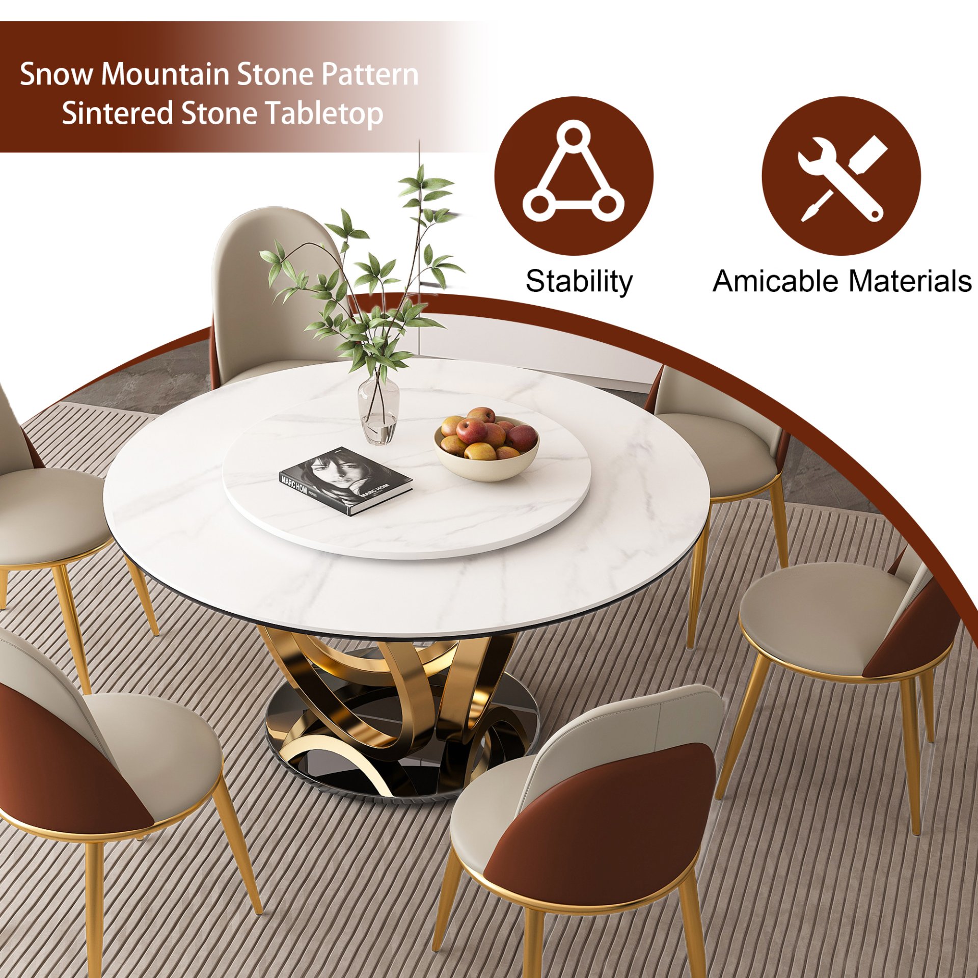 Round Dining Table With 360° Smooth Lazy Susan Stain / Heat - Gold / Black / White - Image 10