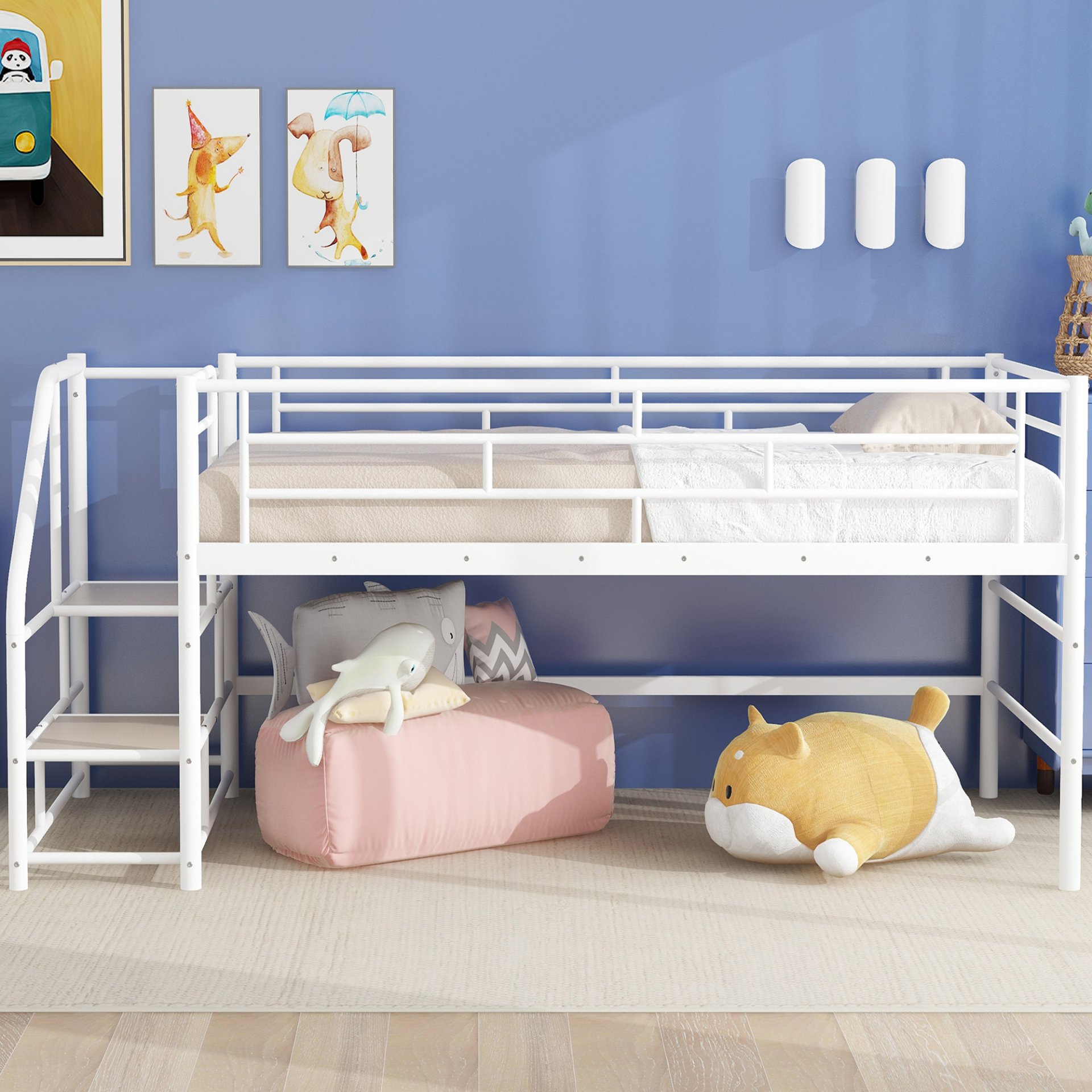 Twin Mid Loft Bed With Storage Stairs And Metal Frame - White - Image 5