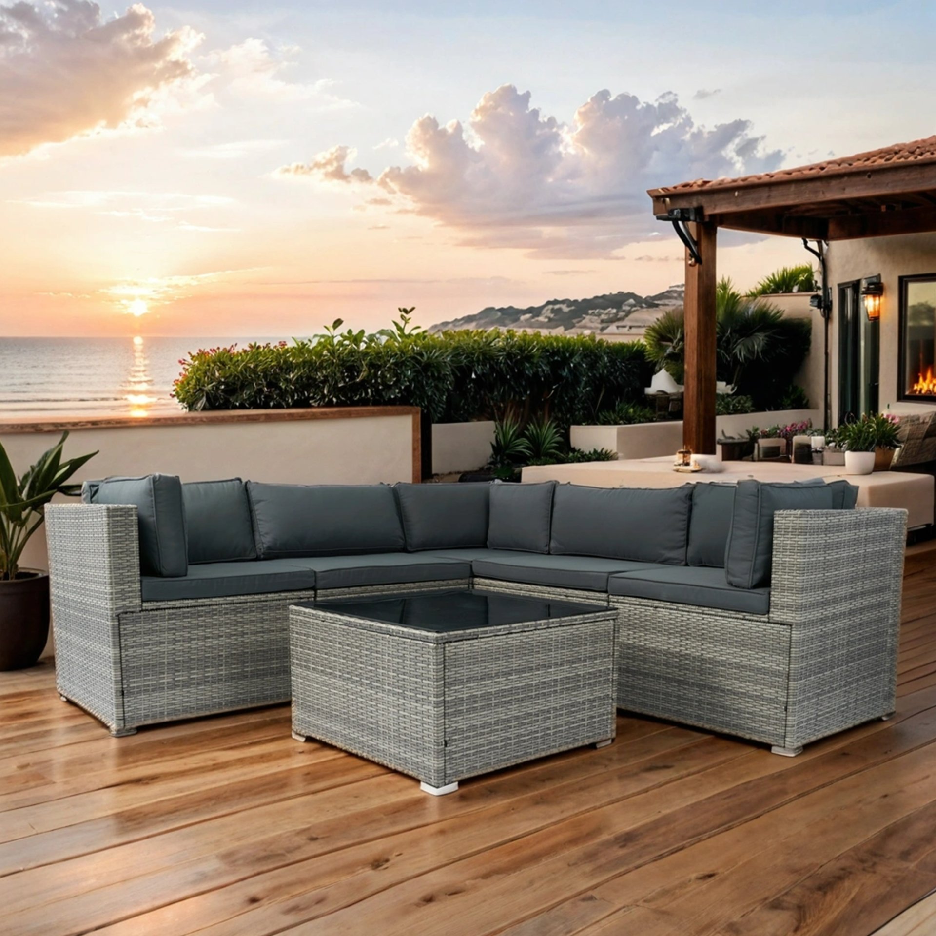 6 Pieces PE Rattan Sectional Outdoor Furniture Cushioned Sofa Set Wicker - Gray - Image 5