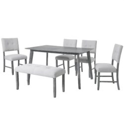 6 Pieces Dining Room Table Set, Rustic Farmhouse Dining Room Rectangular Table With 4 Upholstered Chairs And Bench, Solid Wood Kitchen Dining Table Set For 6 Persons - Gray