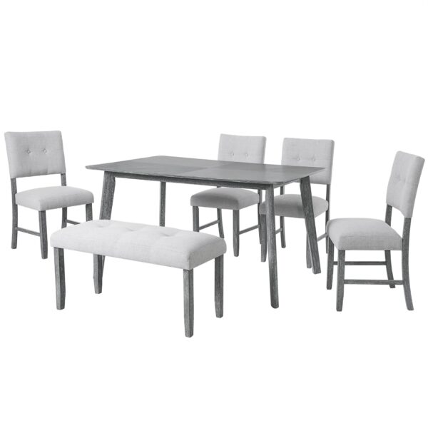 6 Pieces Dining Room Table Set, Rustic Farmhouse Dining Room Rectangular Table With 4 Upholstered Chairs And Bench, Solid Wood Kitchen Dining Table Set For 6 Persons - Gray