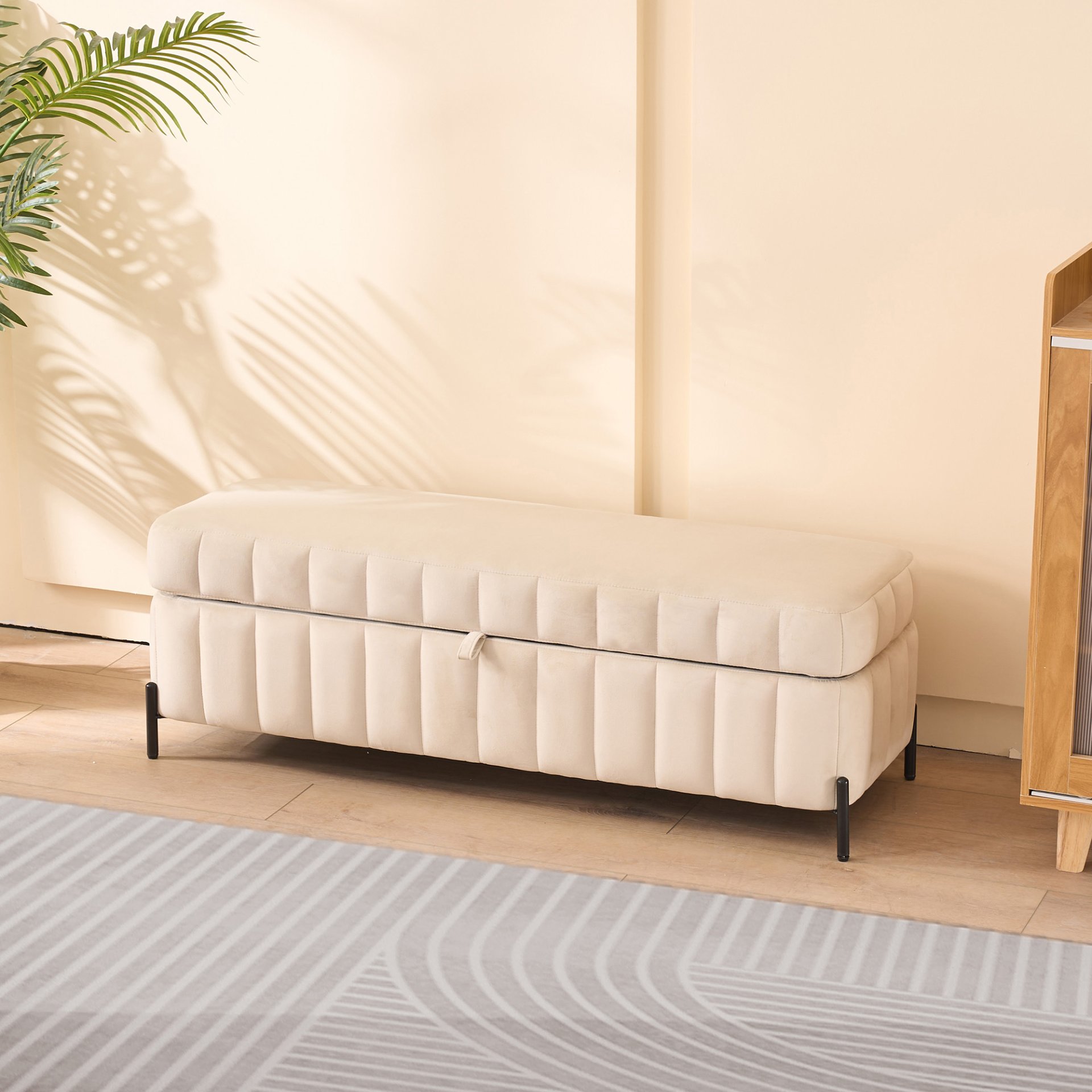 Wide Upholstered Velvet Storage Soft Bench Footstool Ottoman End Of Bed With Metal Legs, Foot Rest For Living Room, Entryway And Bedroom - Beige - Image 5