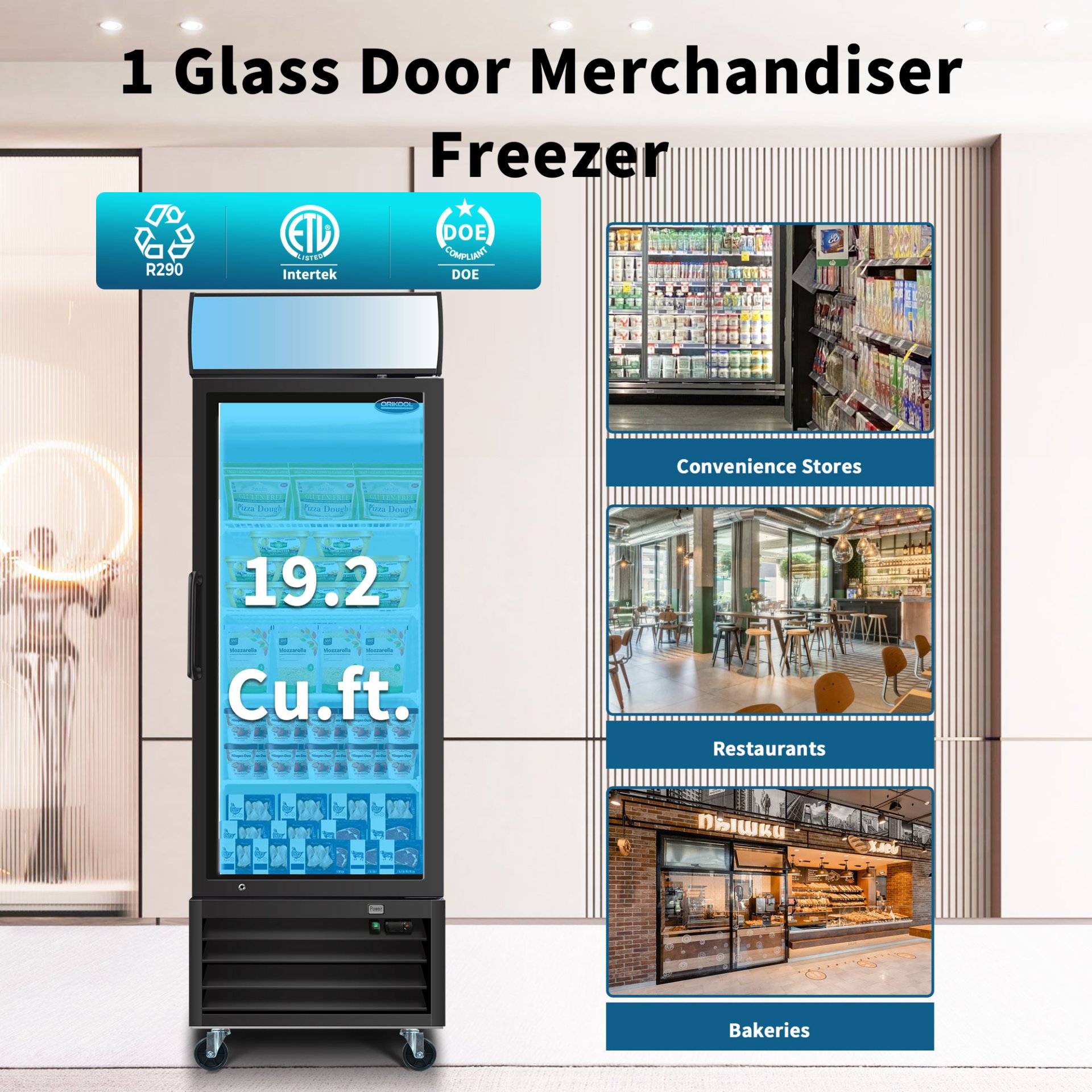 Glass Door Merchandiser Freezer 19.3 Cu.Ft Swing Door Commercial Reach-In Display Freezers With LED Top Panel Upright Freeze Storage - Black - Image 6