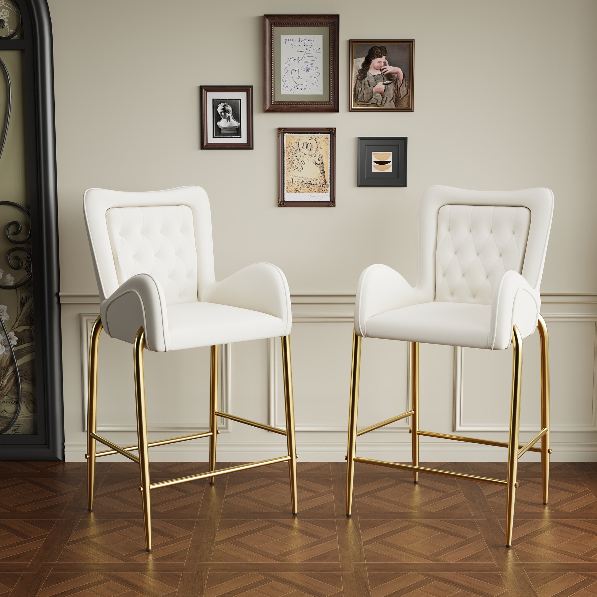 Velvet Counter Height Bar Stools (Set of 2) With Golden Legs And Footrests - White - Image 2