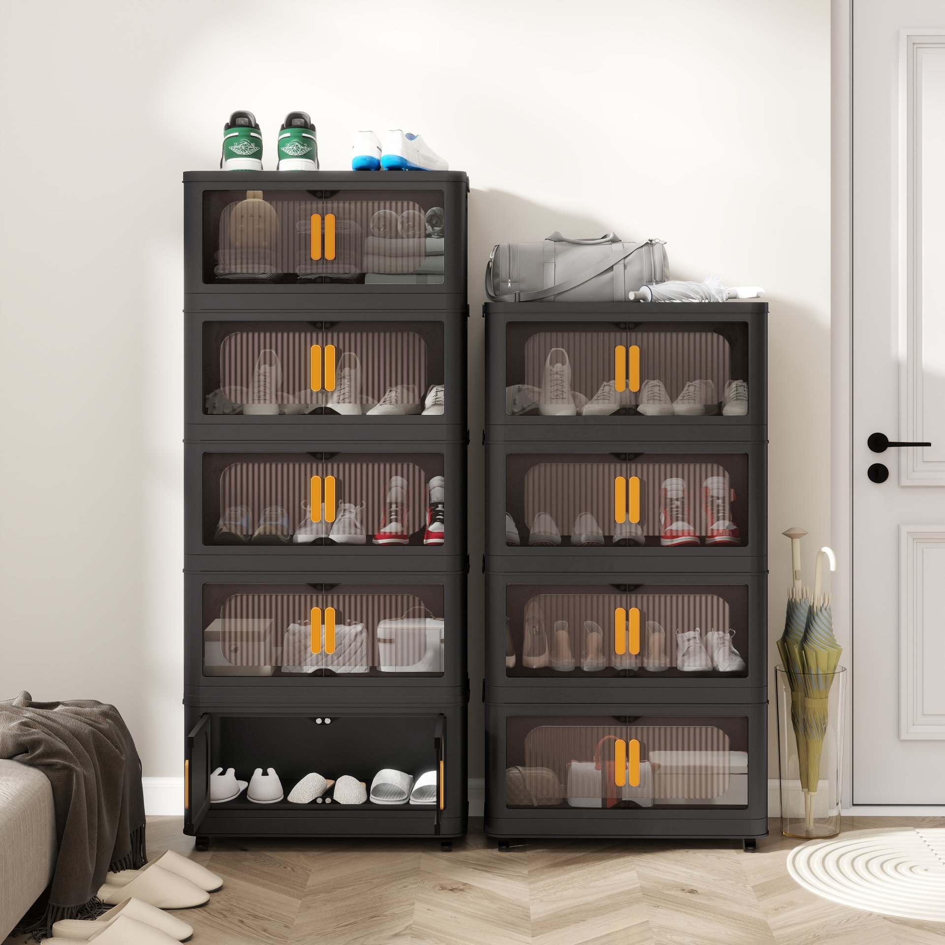 Folding Storage Cabinet 5 Tier Wide Plastic With Magnetic Doors And Wheels - Black - Image 2