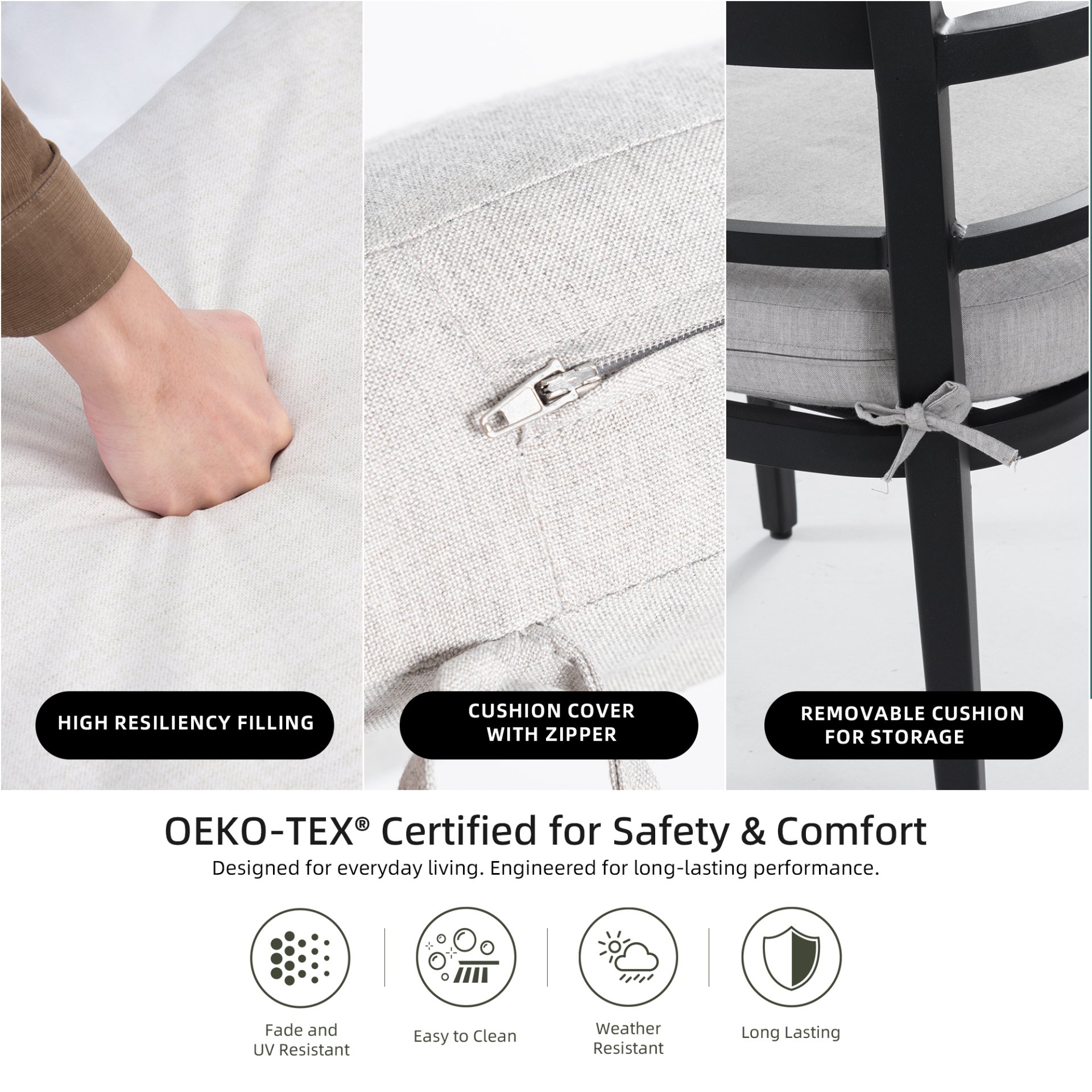 5 Piece Outdoor Patio Modern Dining Set, 4 Dining Chairs Sunbrella Fabric And Square Dining Table With Umbrella Hole - Ember Black - Image 5