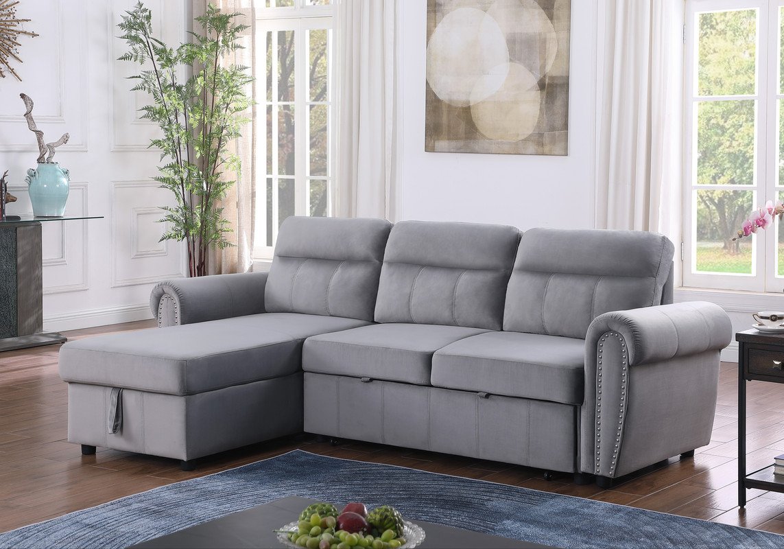 Ashton - Velvet Fabric Reversible Sleeper Sectional Sofa Chaise - Gray - Image 10