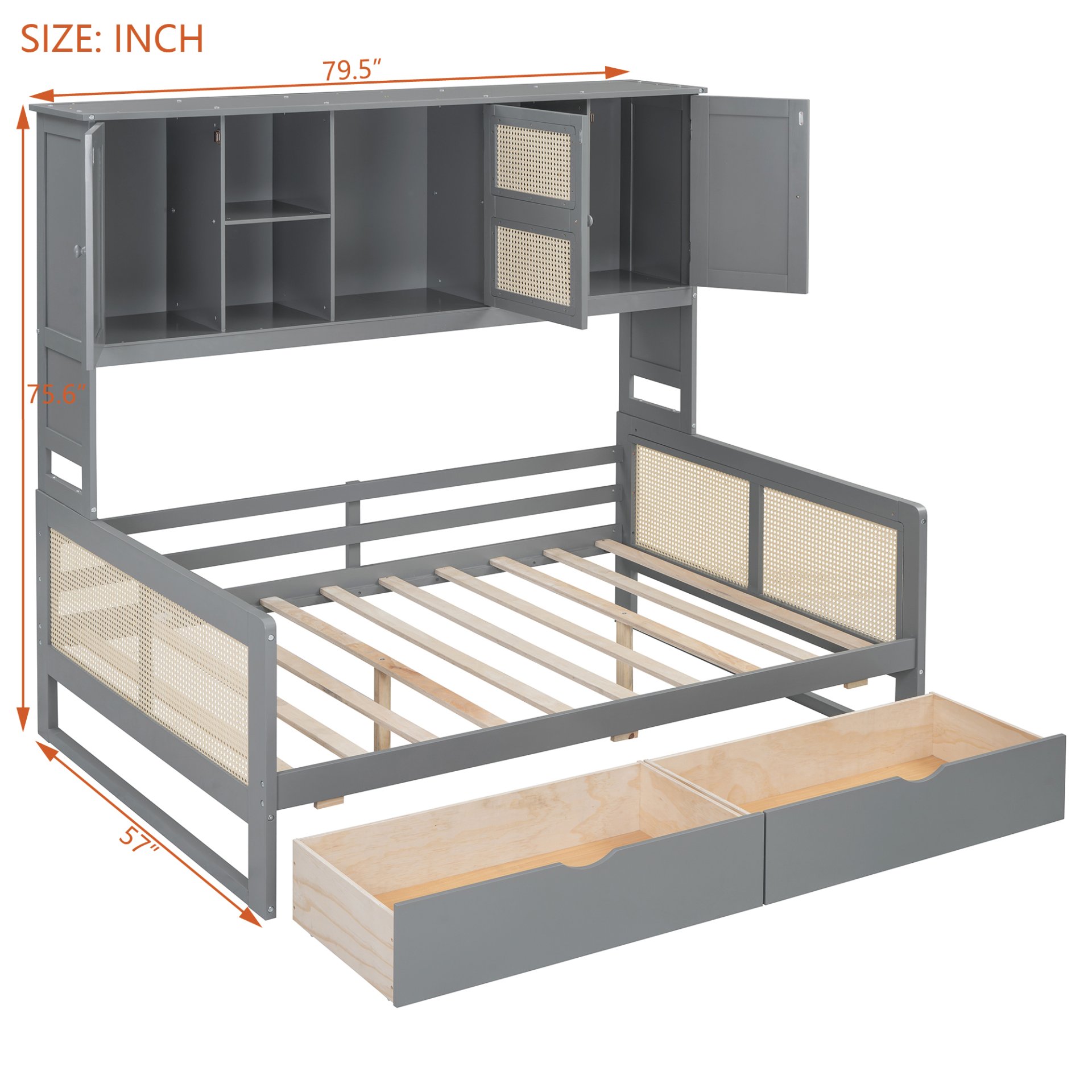Full Size Wooden Daybed With 2 Drawers, And All In One Cabinet And Shelf - Gray - Image 10