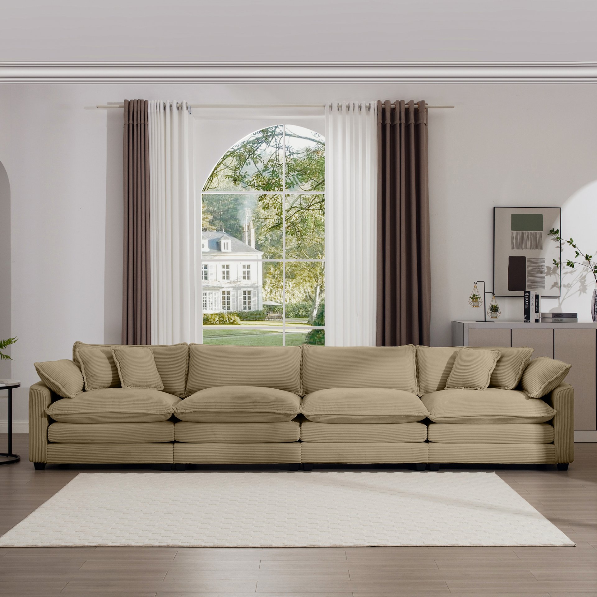Modern Upholstered 4 Seater Corduroy Sofa With Arm And Throw Pillows - Tan - Image 5