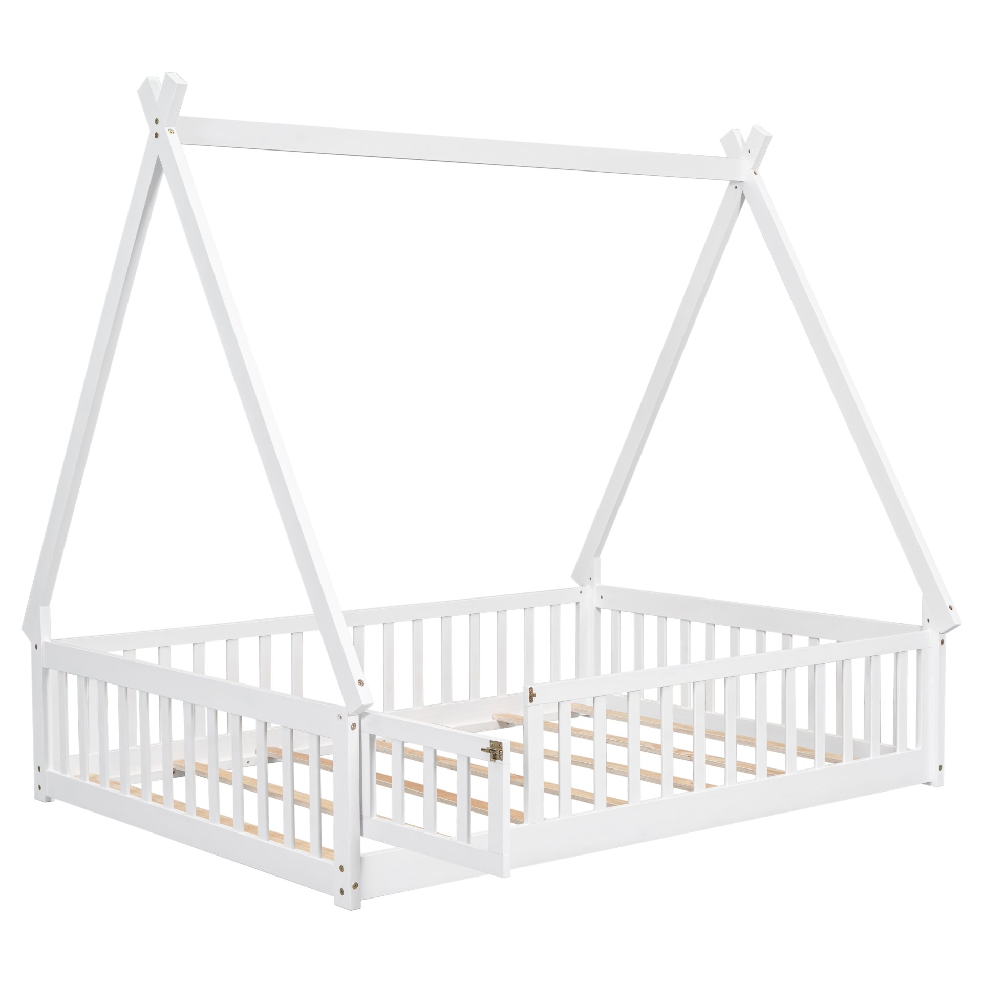 Full Tent-Shaped Floor Bed, With Guardrails, Slats, Door - White - Image 9
