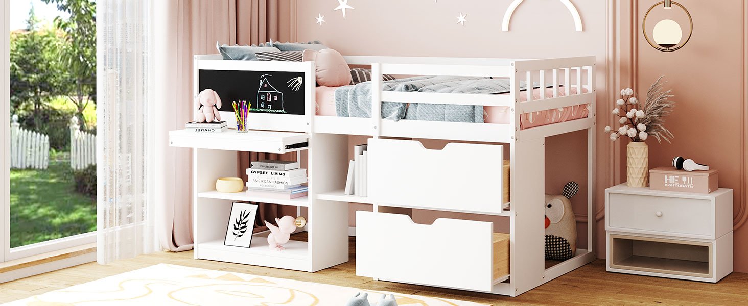 Twin Size Low Loft Bed With Rolling Desk, Shelf And Drawers - White - Image 17