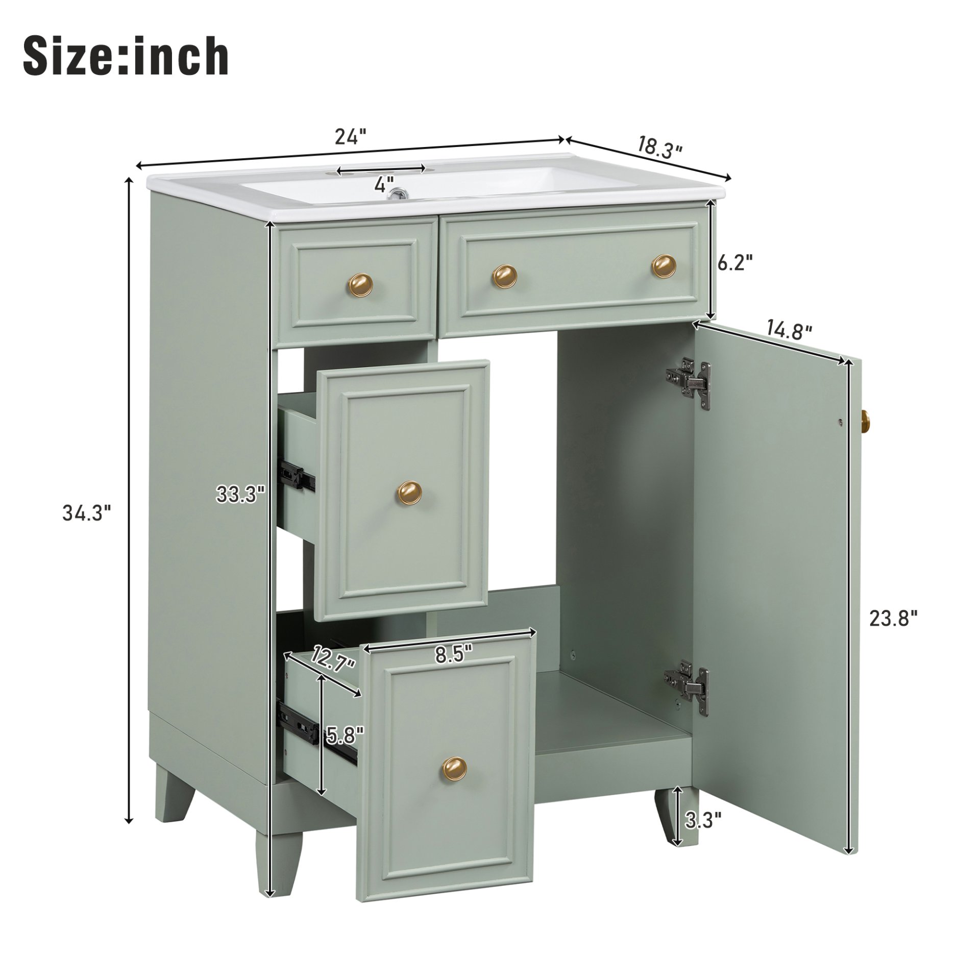 24" Bathroom Vanity Cabinet With Sink - Green - Image 3