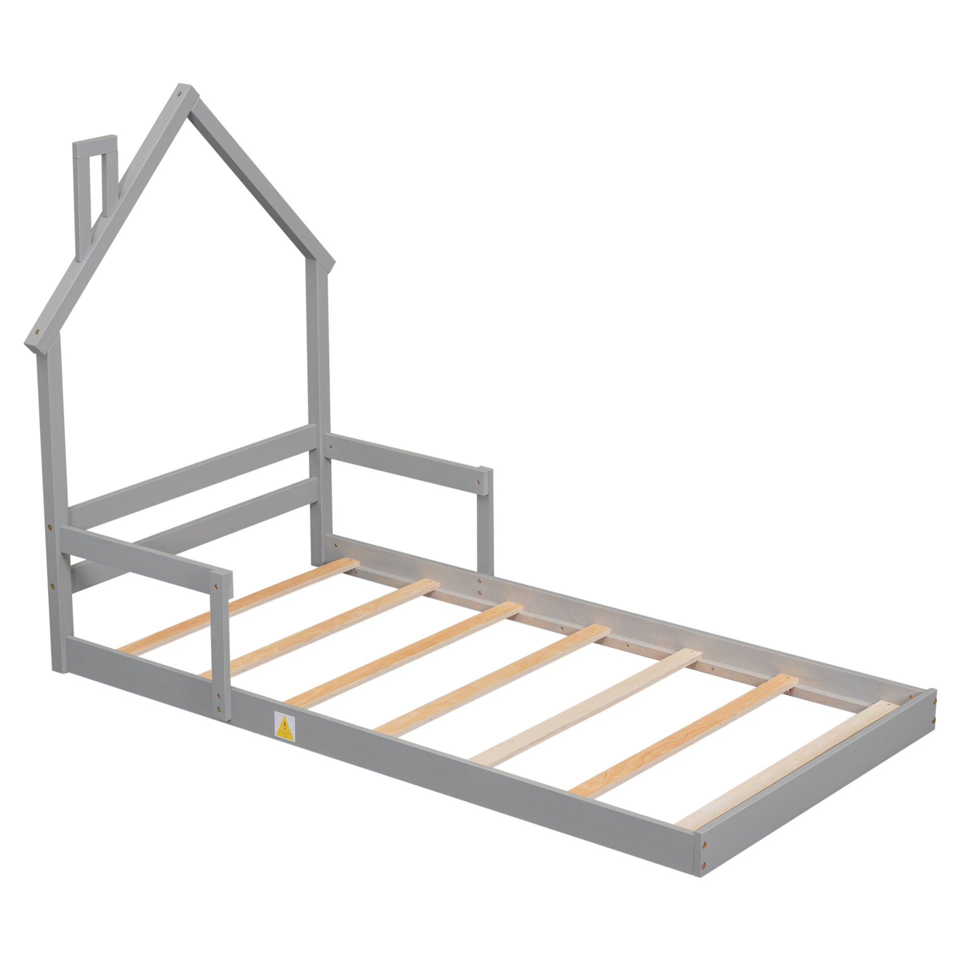 Twin House-Shaped Headboard Floor Bed With Handrails, Slats - Gray - Image 11