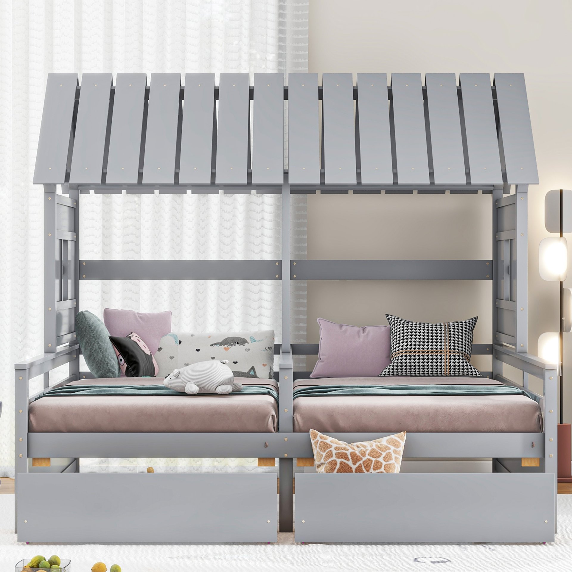 Twin Size House Platform Beds With 2 Drawers For Shared Use - Gray - Image 10