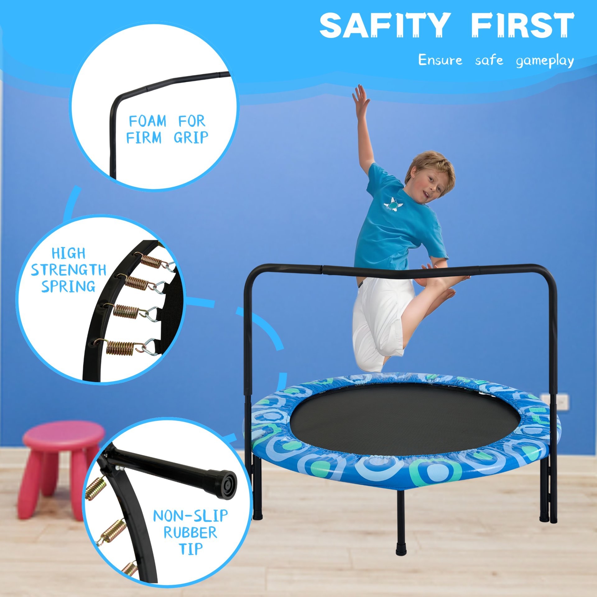 Joy Children's Trampoline With Handrails For Indoor And Outdoor Fun - Blue - Image 4