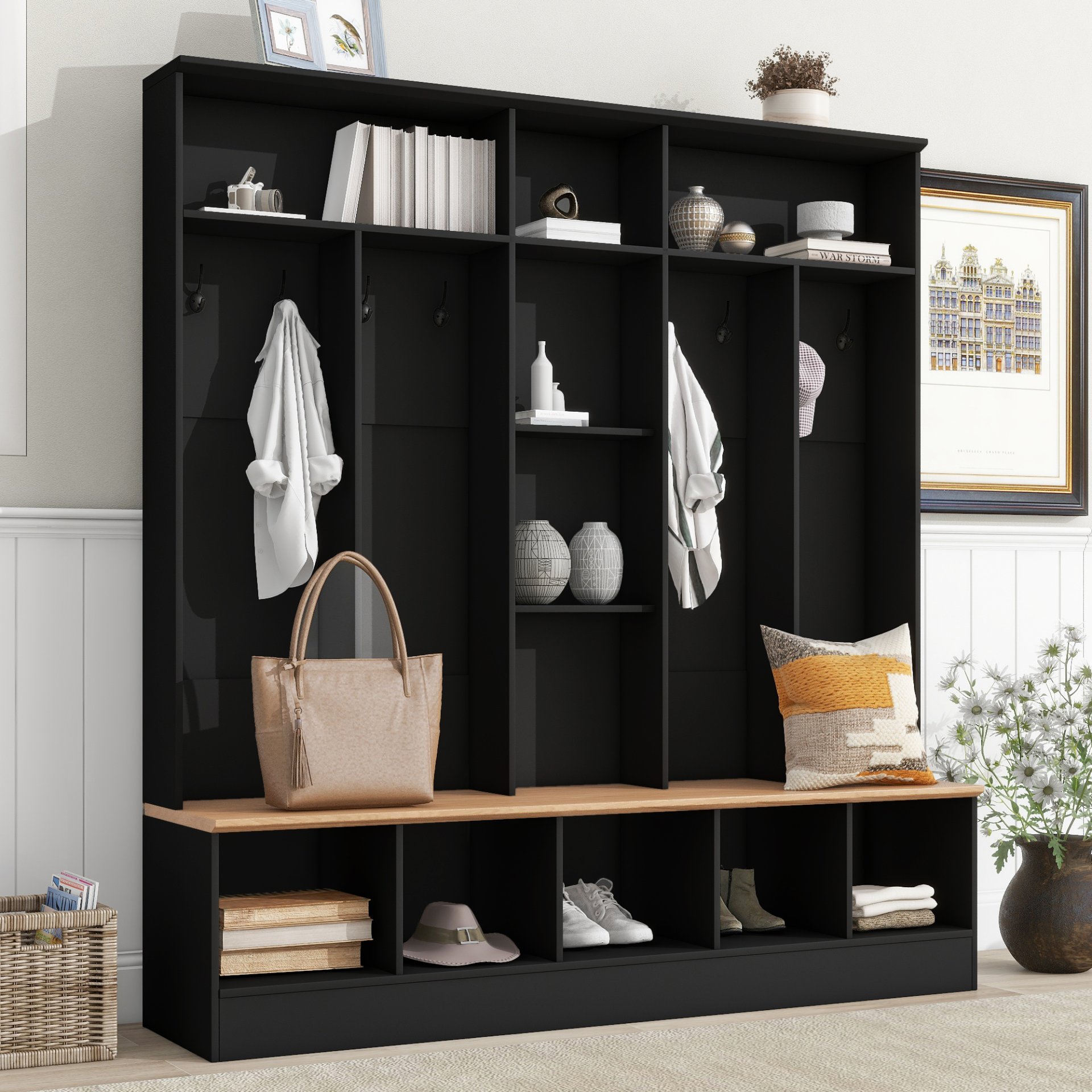 Wide Design Hall Tree With Storage Bench, Minimalist Shoe Cabinet With Cube Storage & Shelves, Multifunctional Coat Rack With 8 Hooks For Entryways, Mudroom - Black - Image 2