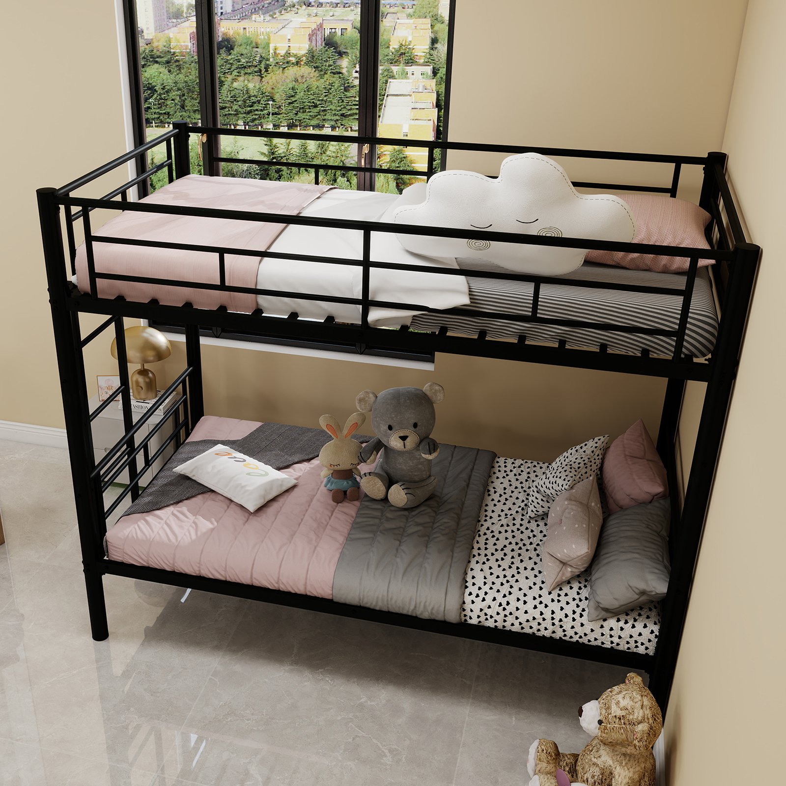 Twin Over Twin Bunk Bed For Kids, Convertible Frame With Ladders & Guardrail - Black - Image 10