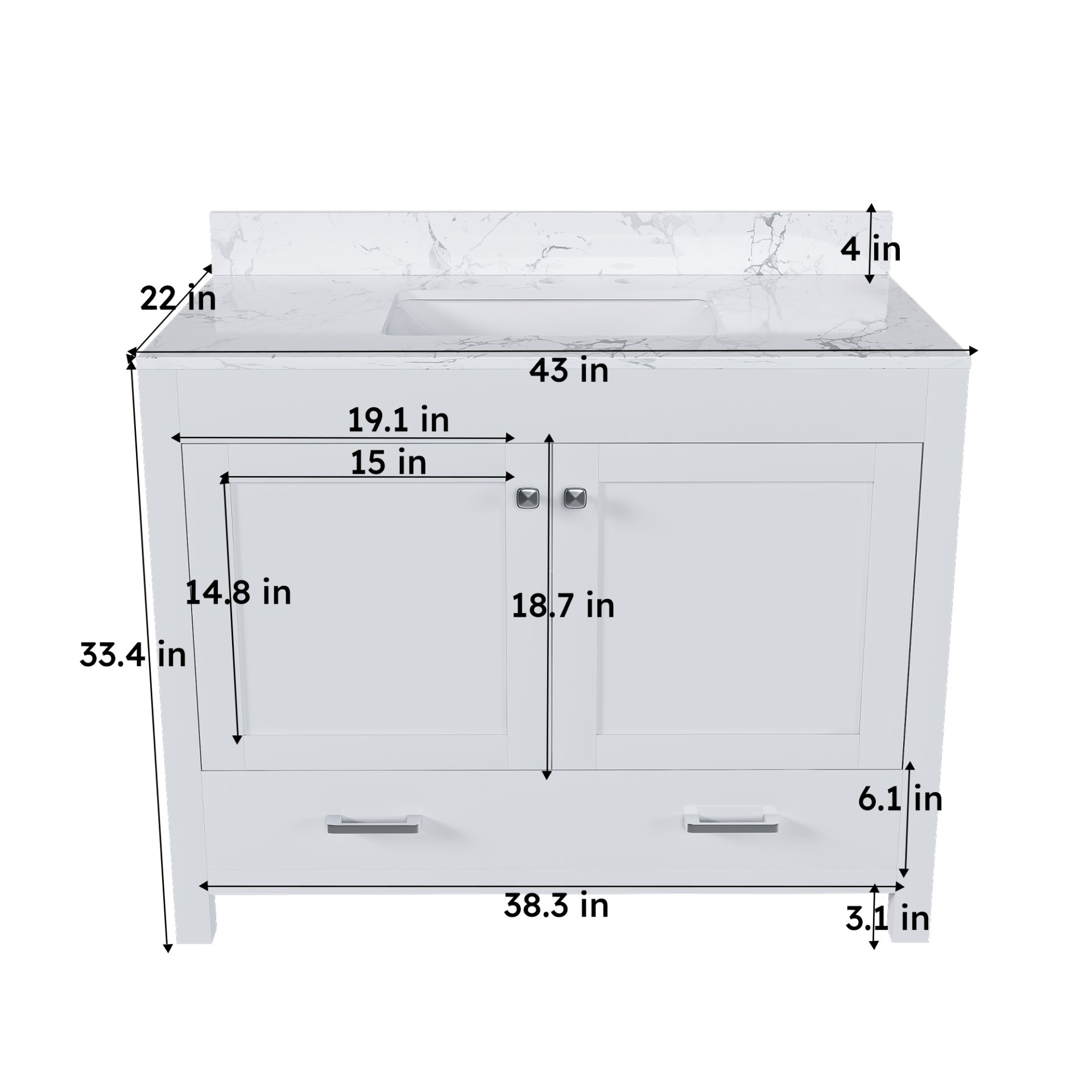 43" Bathroom Vanity With Artificial Marble Carrara Top Set, Multi Functional Bathroom Cabinet With Doors And Drawer - White - Image 3