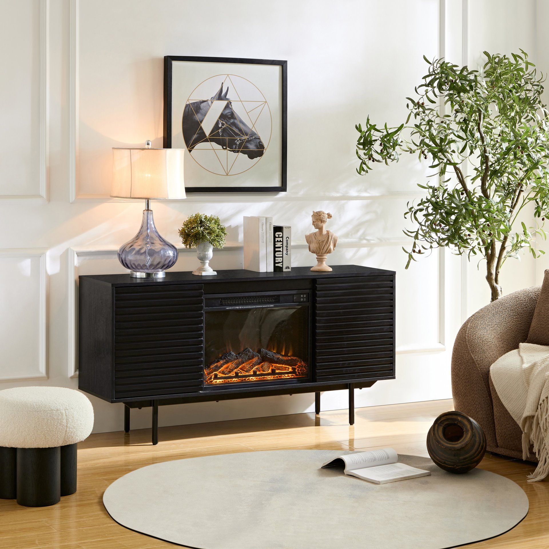 Oak Board Cabinet, The Middle Layer Board On Both Sides Of The Cabinet Can Be Adjusted, The Furnace Is Embedded In The Middle Grid With The Remote Control - Black - Image 5