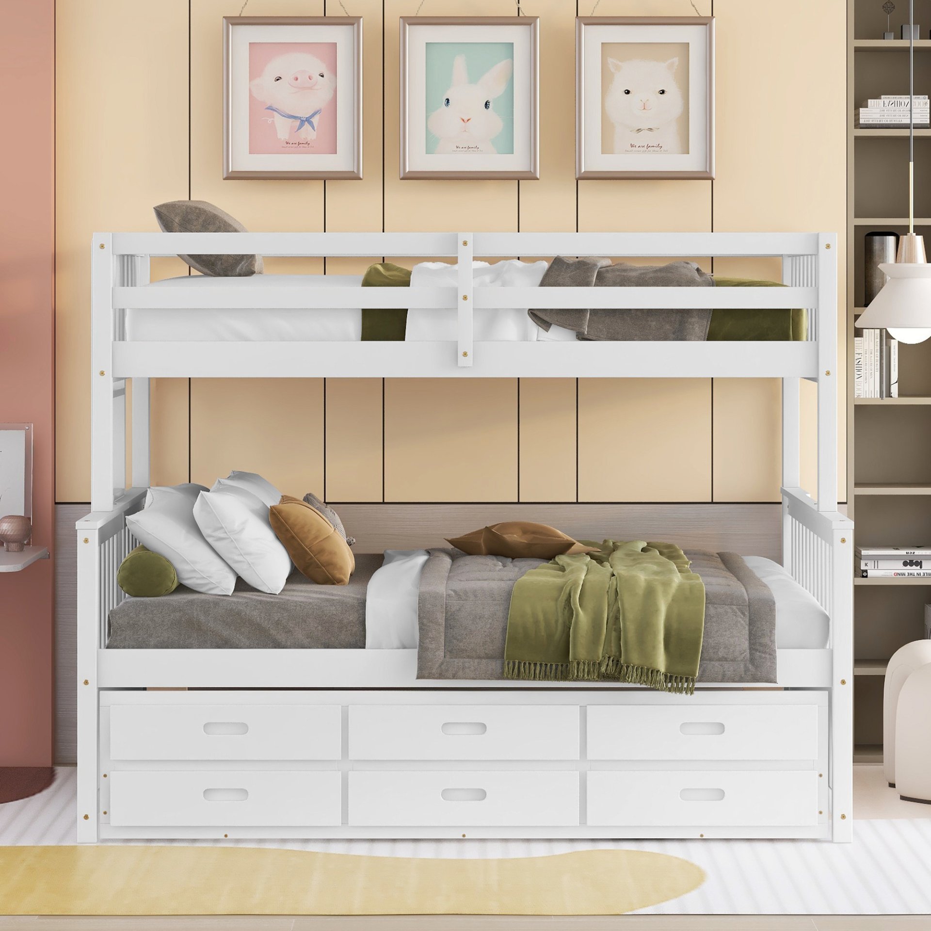 Twin Over Full Bunk Bed With Twin Size Trundle, With Drawers For Bedroom - White - Image 4