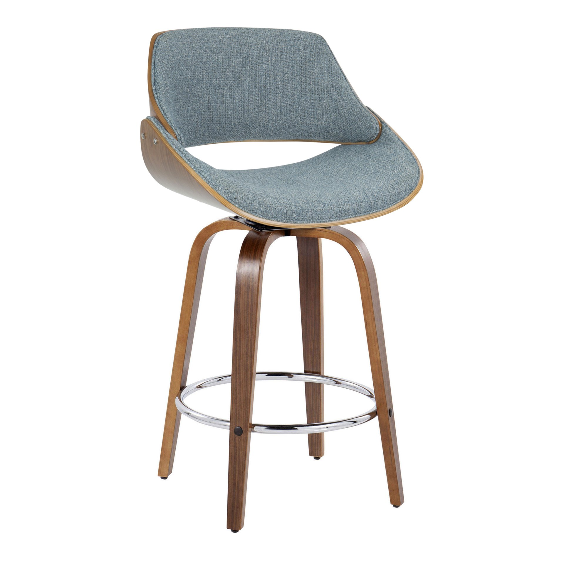 Fabrizzi - Mid-Century Modern Fixed Height Counter Stool With Swivel With Round Footrest (Set of 2) - Walnut / Blue - Image 2