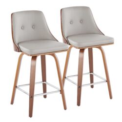 Gianna - Mid-Century Modern Fixed Height Counter Stool With Swivel With Square Footrest (Set of 2) - Walnut / Light Gray
