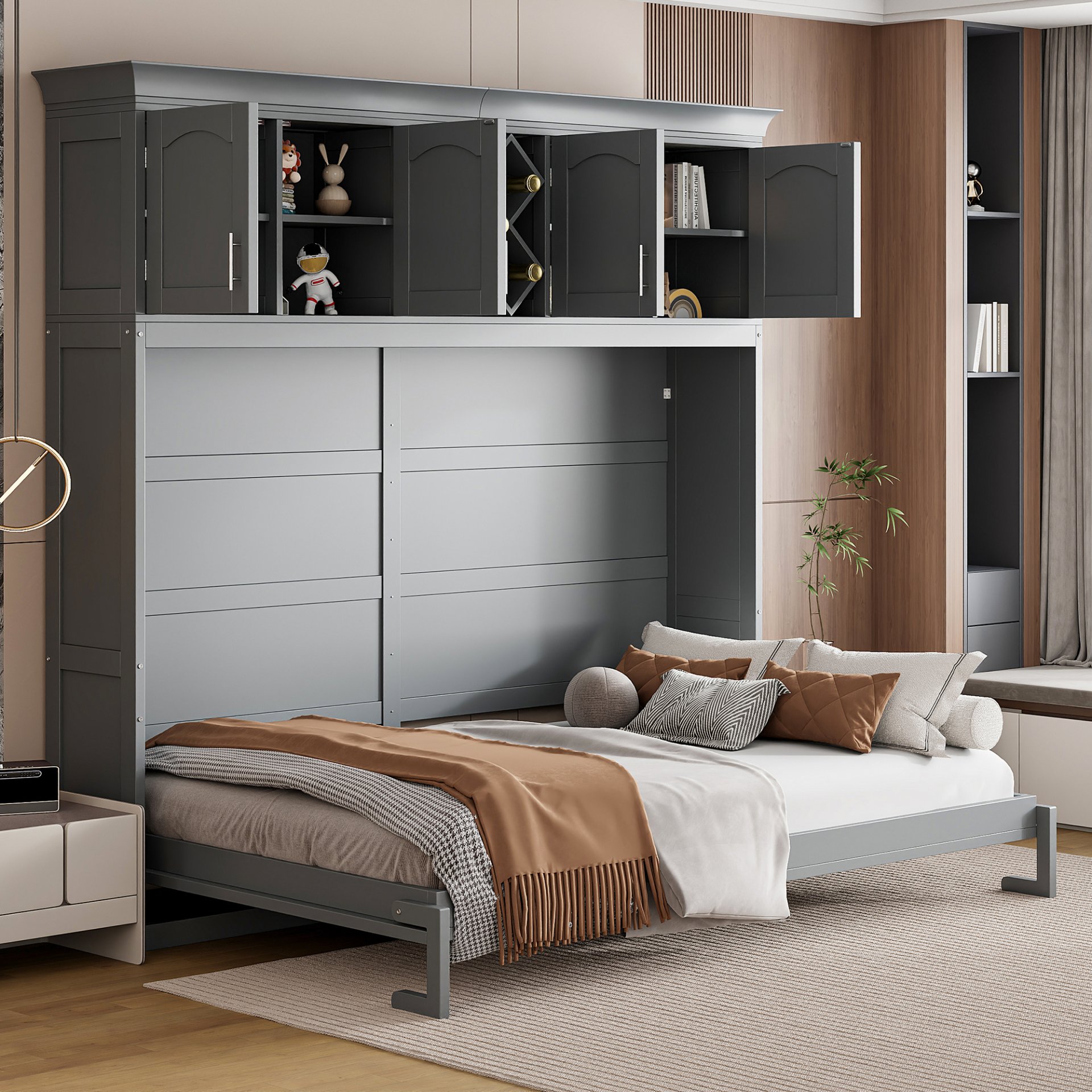 Queen Size Murphy Wall Bed With Top Cabinets & Wine Rack - Gray - Image 3