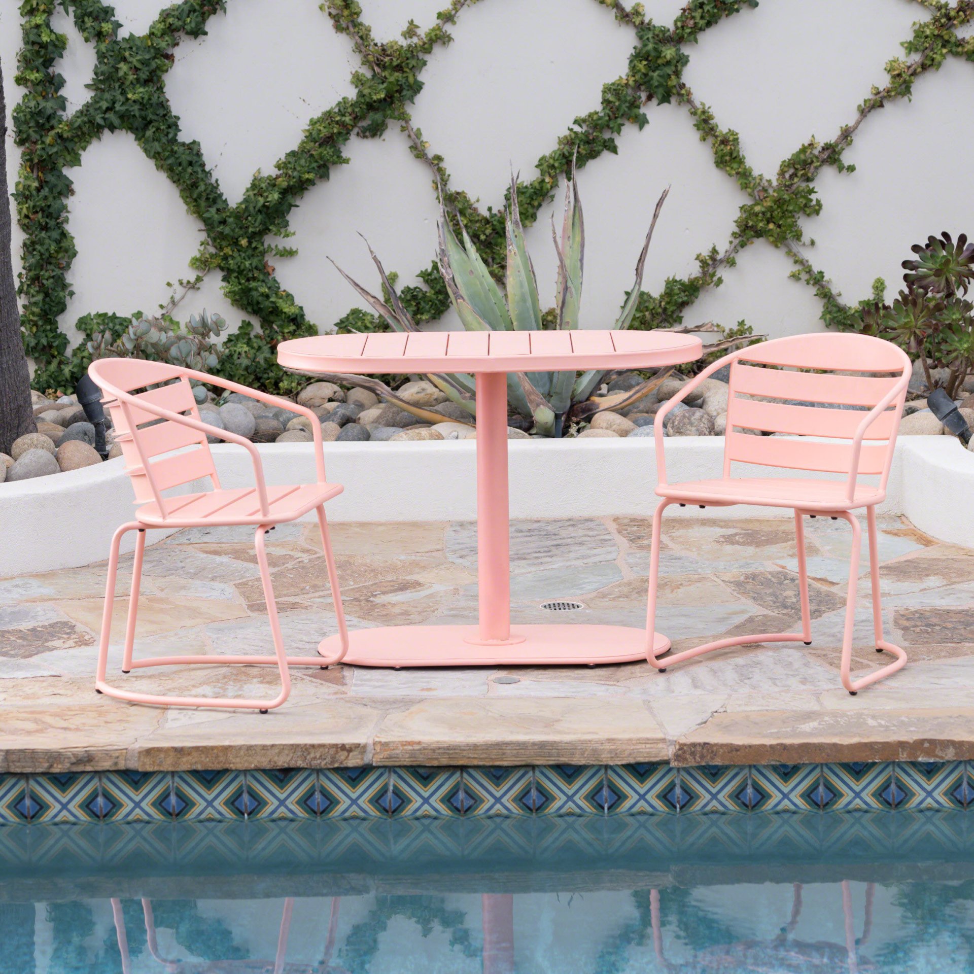 Outdoor Metal Seating Set With Coffee Table And 2 Chairs - Pink - Coral - Image 8